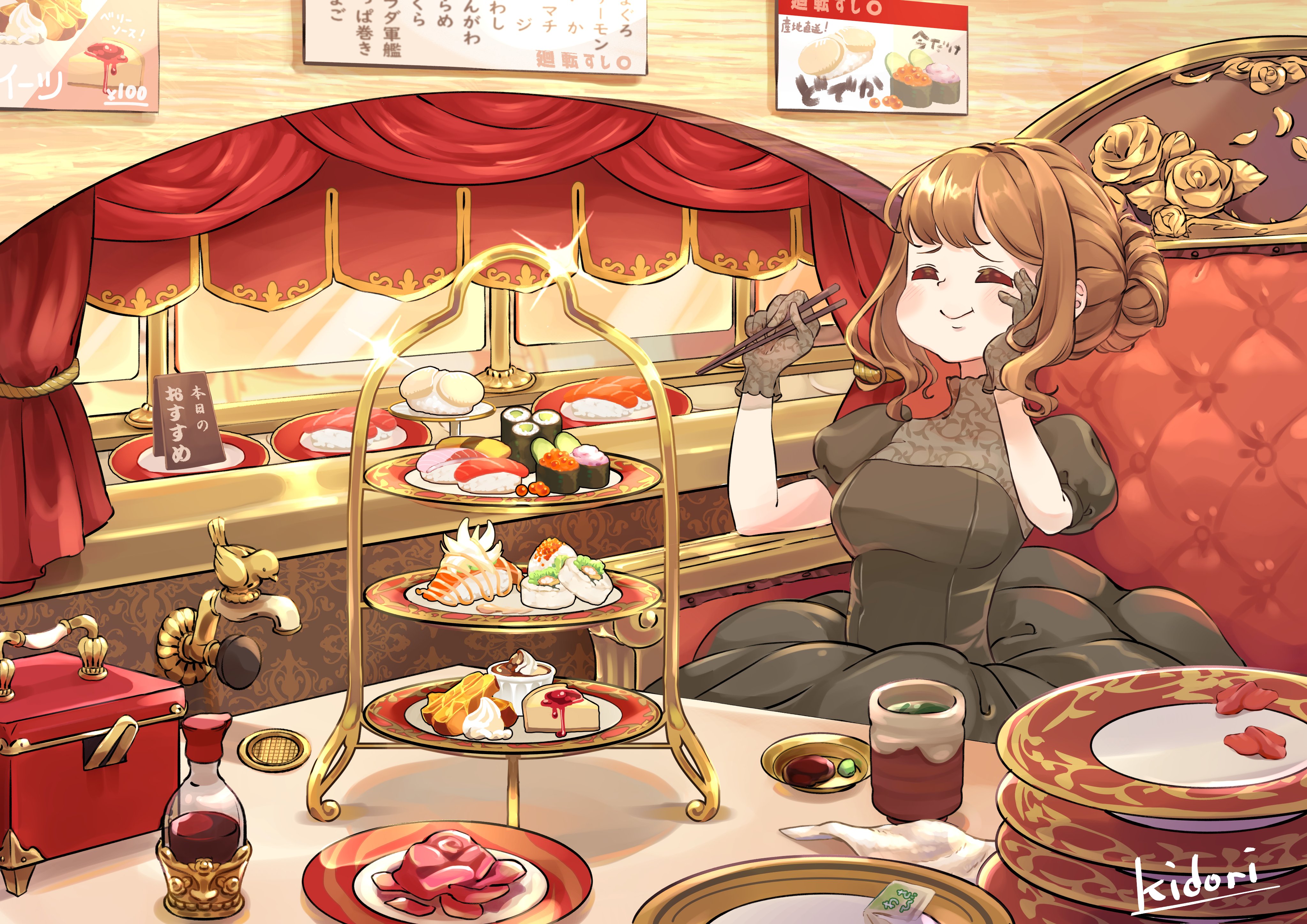 Anime Girls Eating Black Dress Sushi Anime Girls Smiling Closed Eyes Eating Food Sweets Cheesecake G 4093x2894