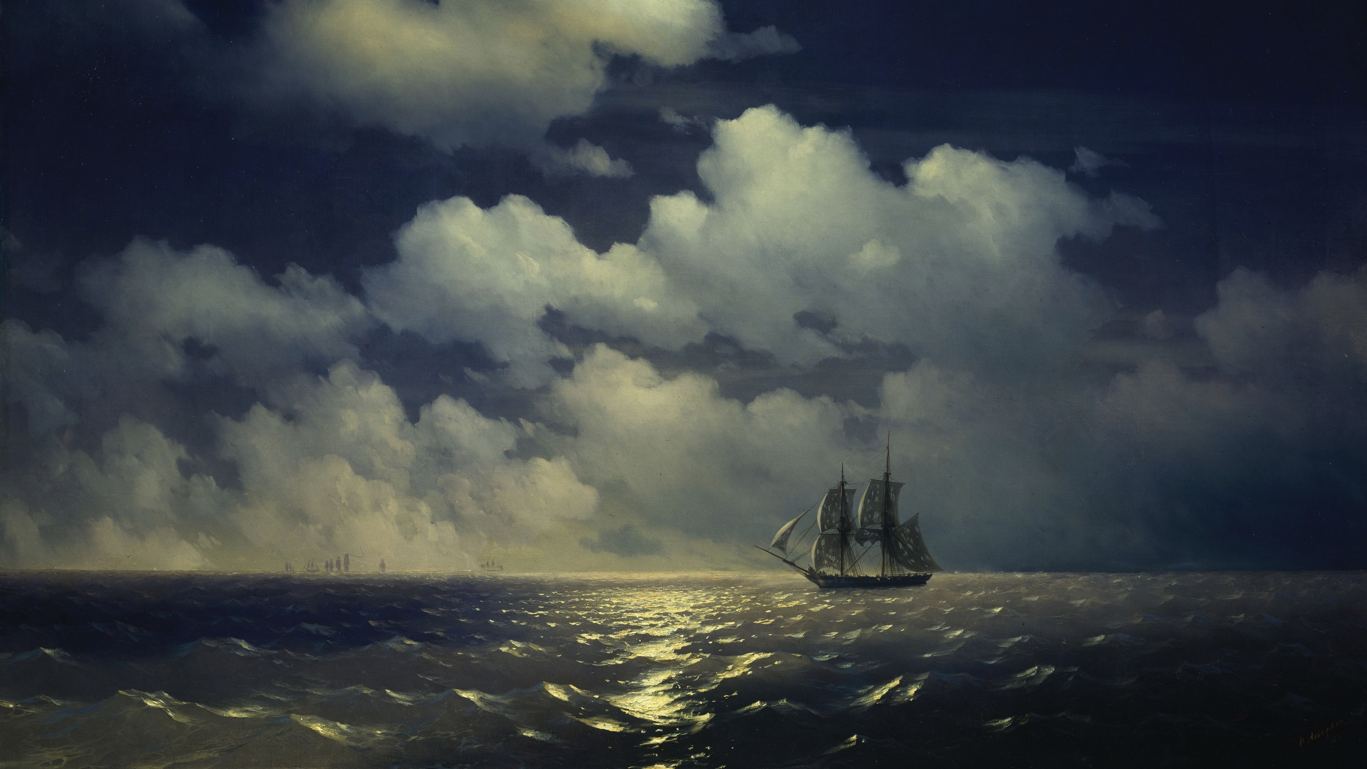 Sailing Ship Ship Ocean View Ivan Aivazovsky Clouds Waves Calm Waters Oil On Canvas Warship Russian  4583x2580