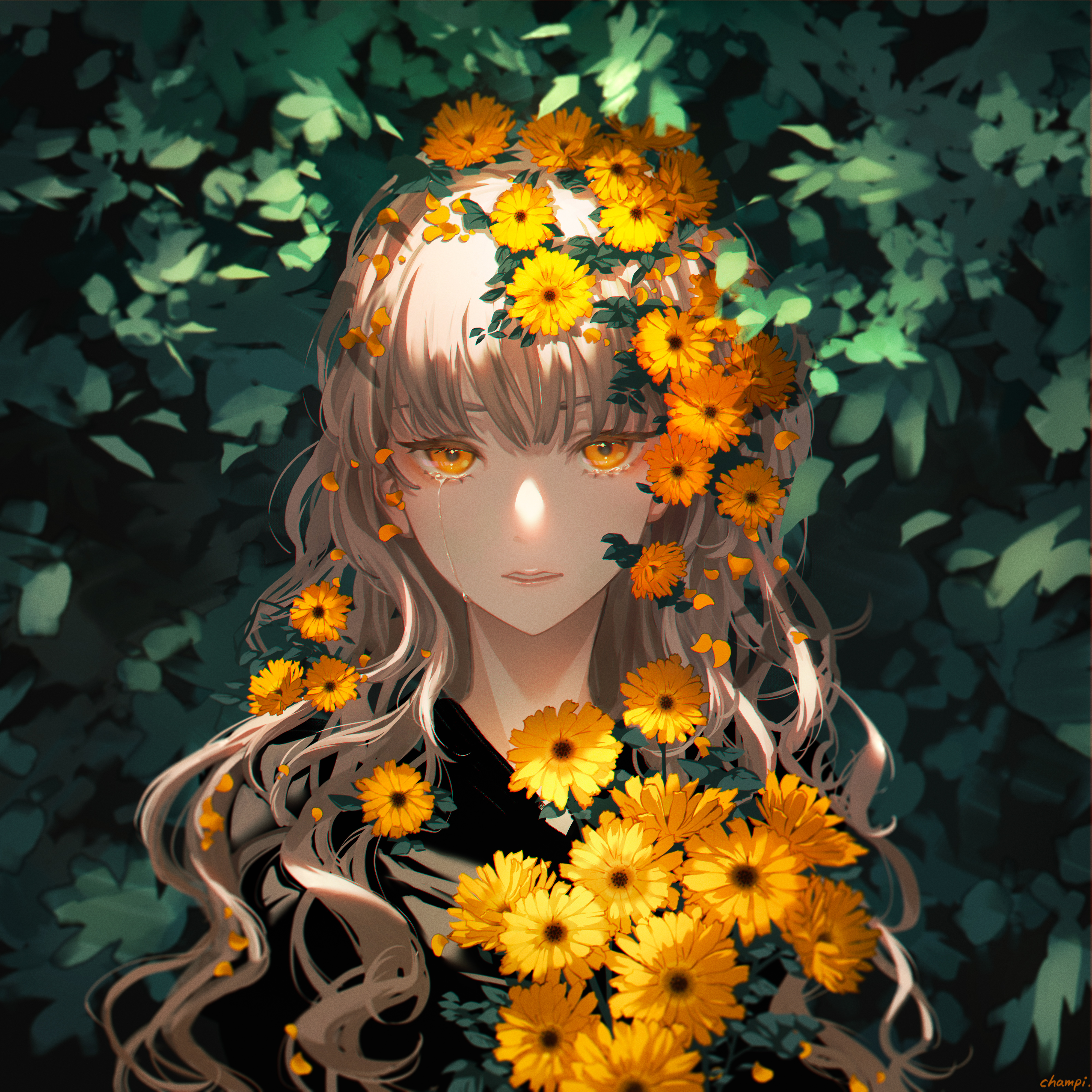 Digital Art Artwork Illustration Women Anime Anime Girls Plants Flowers Sunflowers Long Hair Curly H 4000x4000