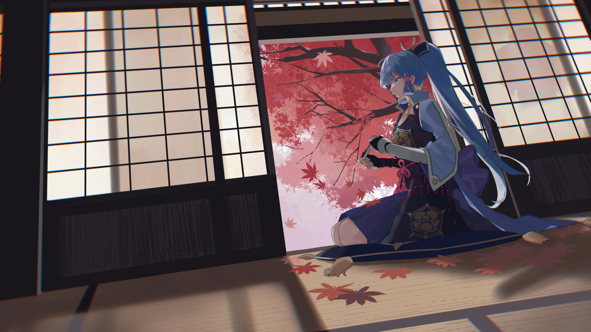 Genshin Impact Anime Anime Girls Kamisato Ayaka Genshin Impact Tatami Leaves Ponytail 1920x1080