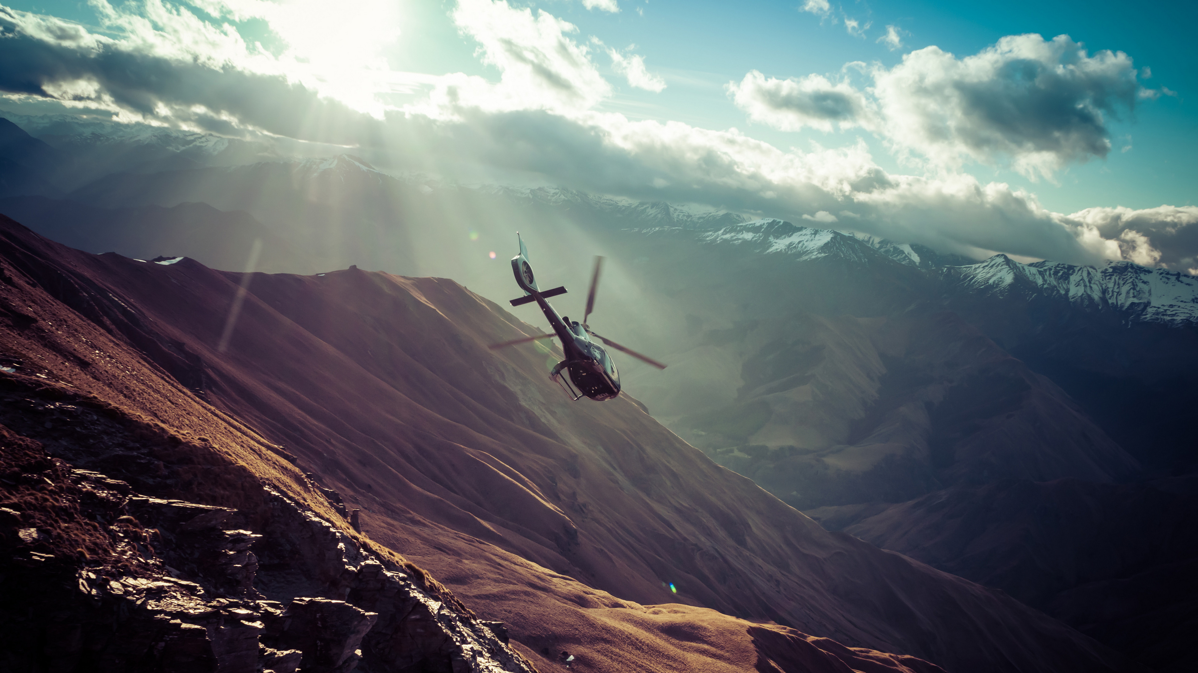 Landscape 4K New Zealand Nature Helicopters Aircraft Snow Mountains Sunlight Clouds Sky 3840x2160