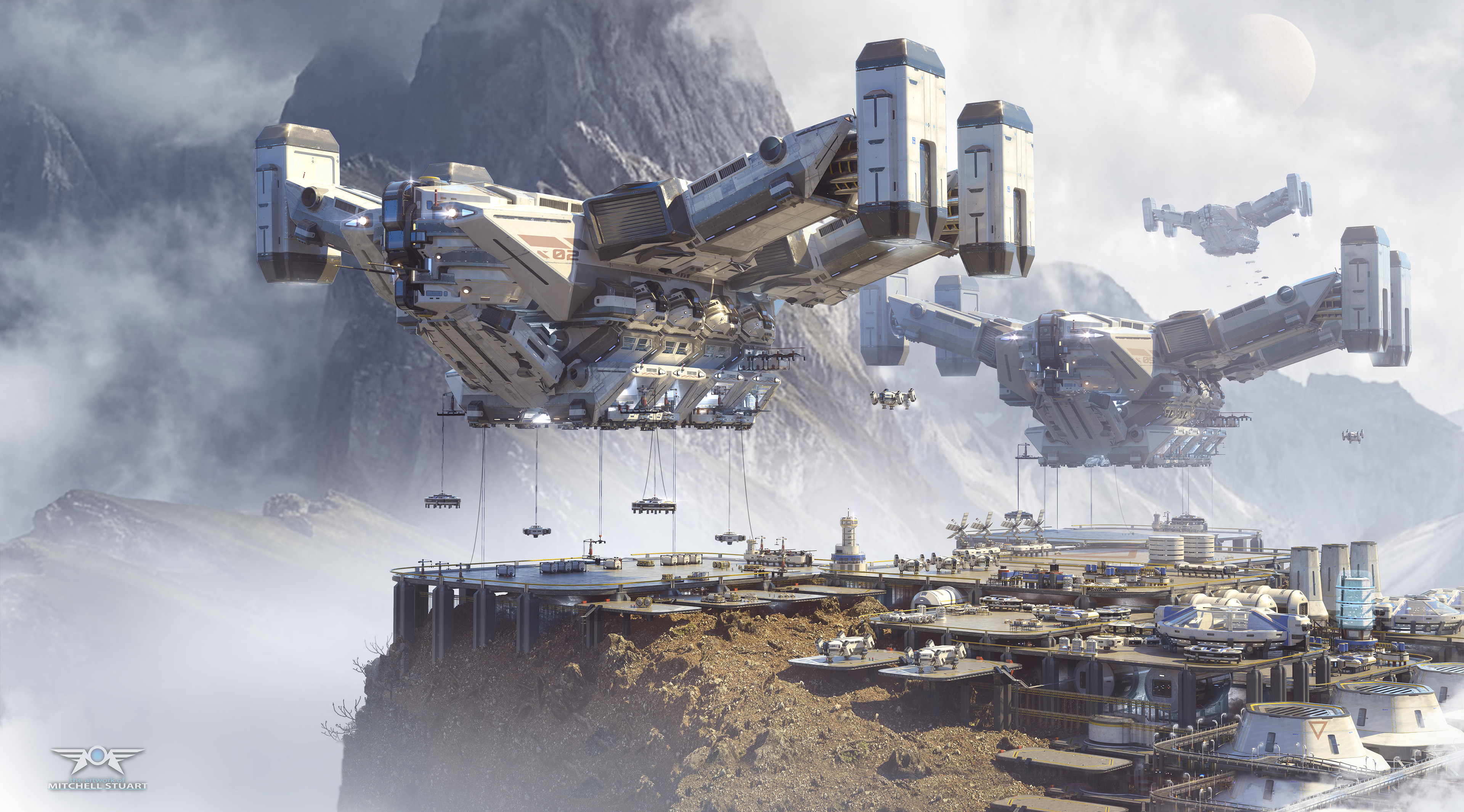 Science Fiction Science Helicopters Jet Engine Lift Off Cargo City Mountains Clouds White Blue Brown 3840x2132