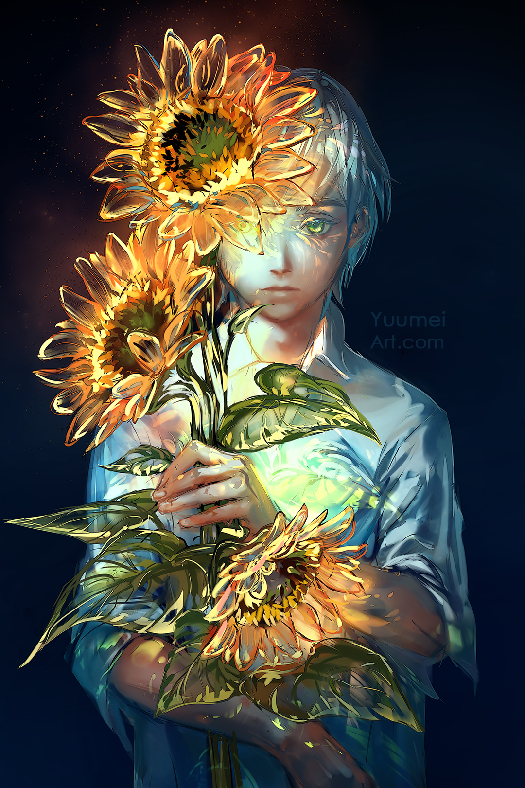 Yuumei Original Characters Vertical Anime Boys Flowers Leaves One Eye Obstructed 1080x1620