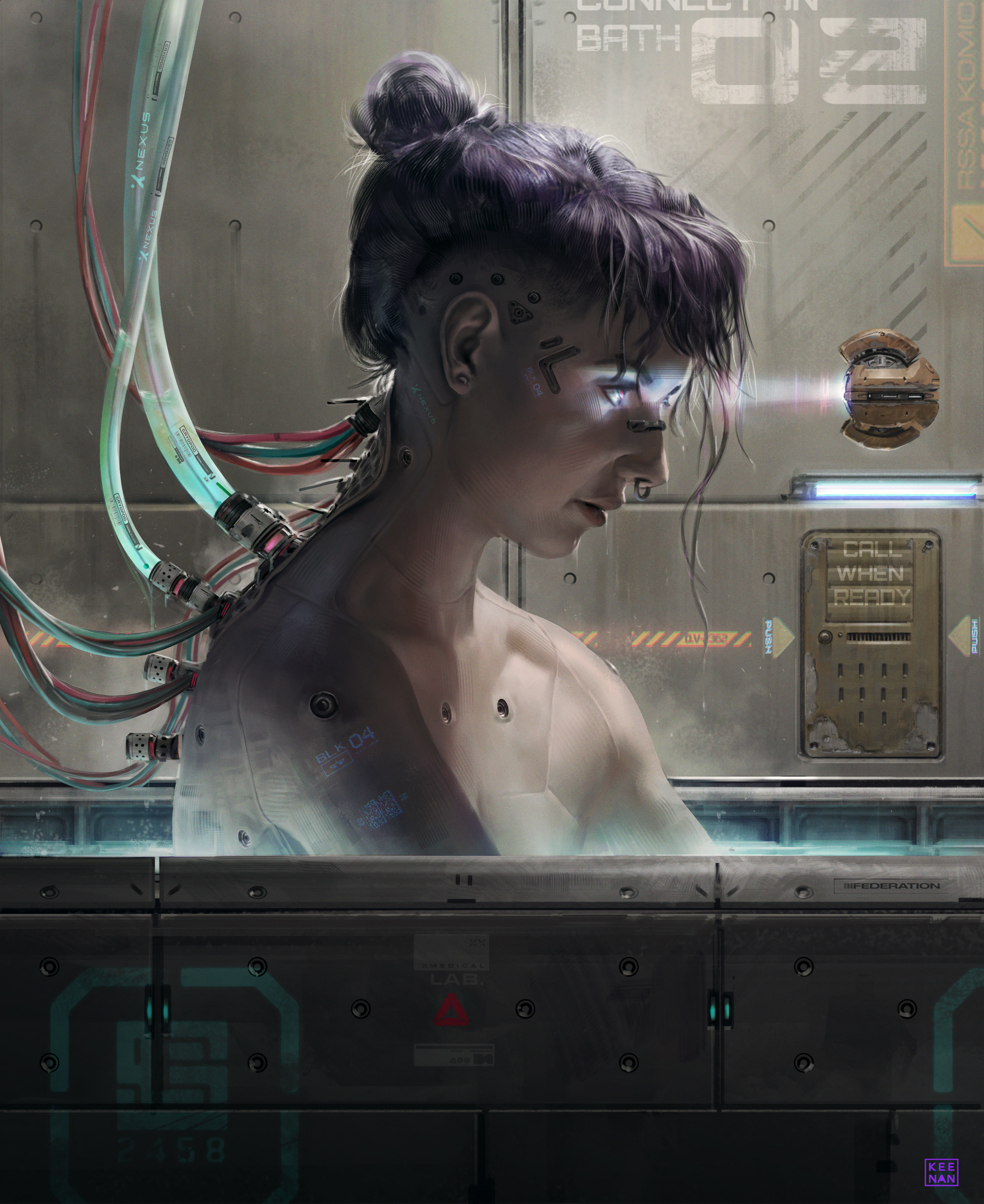 Dave Keenan Digital Art Artwork Illustration Women Cyberpunk Bath Short Hair Vertical Futuristic 3434x4200