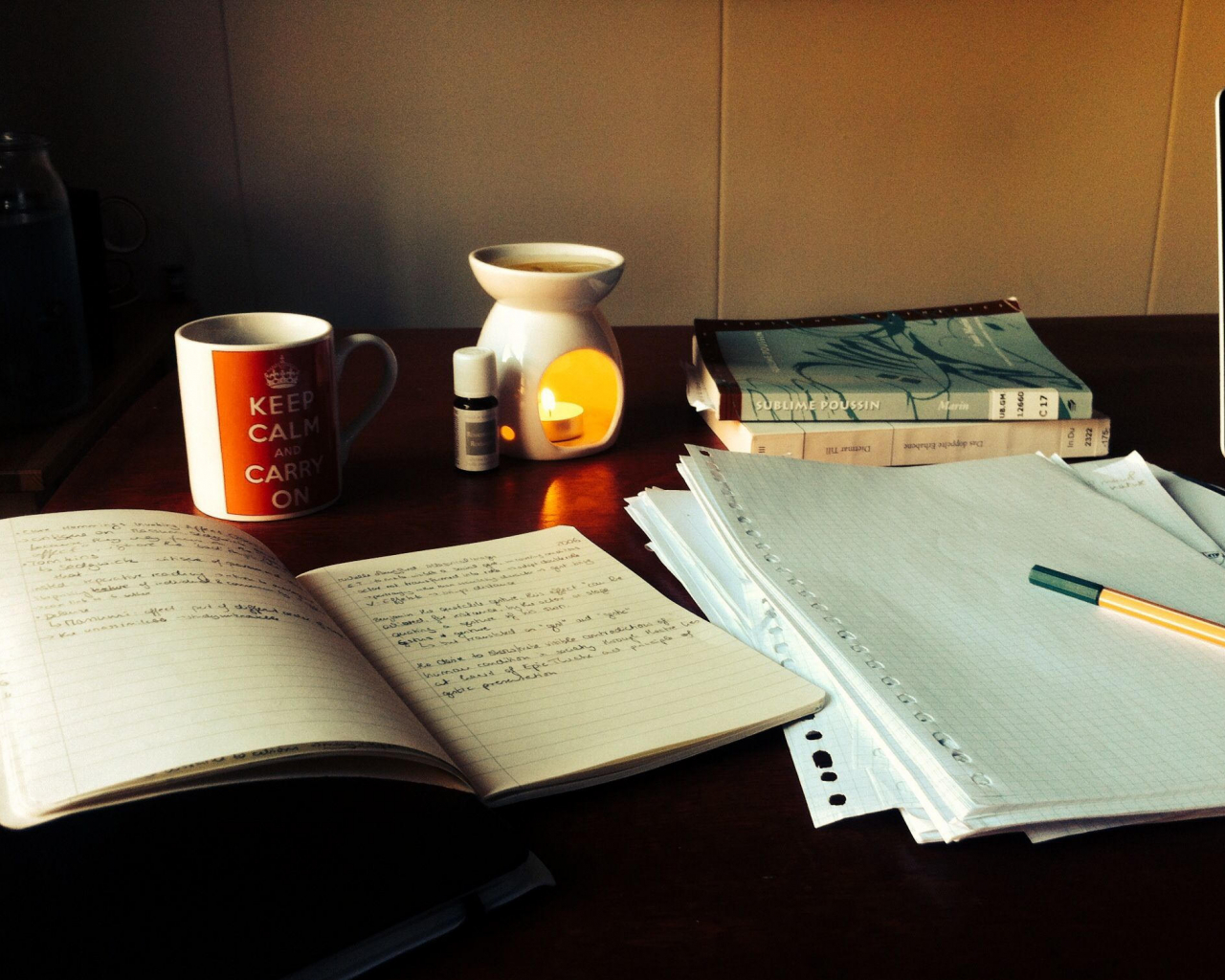 Studying Hitoribocchi No Seikatsu Notebooks Coffee Cup Candles Desk Indoors 1280x1024