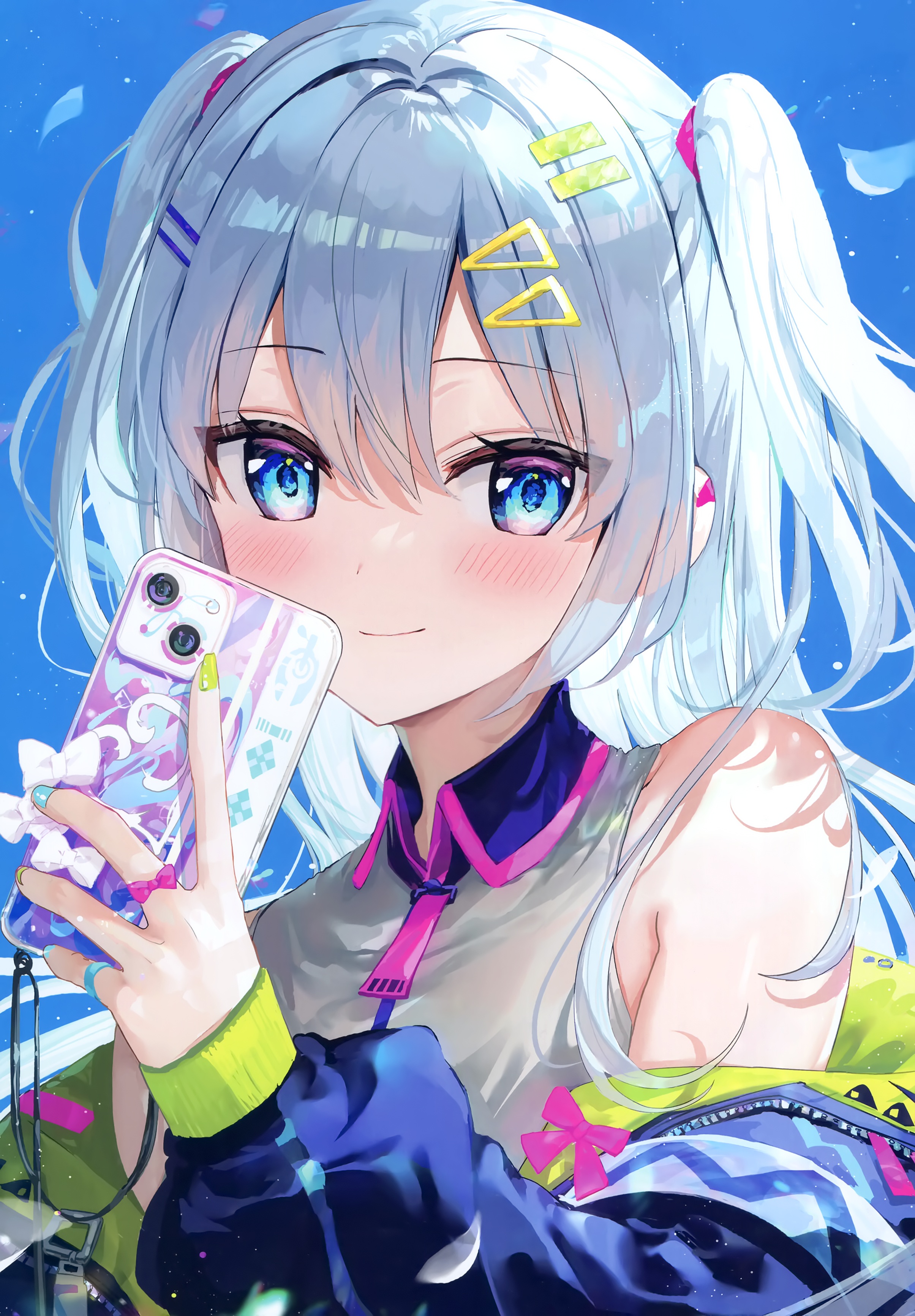Anime Anime Girls Vertical Phone Blue Hair Blue Eyes Blushing Smiling Twintails Hair Clip 2409x3465