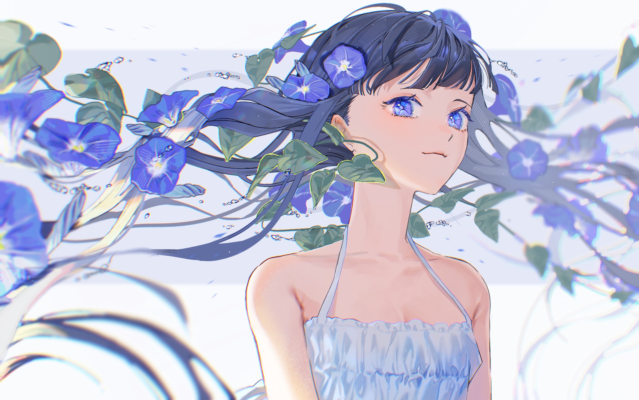 Anime Girls Portrait Display White Dress Sleeveless Water Drops Purple Eyes Purple Flowers Leaves Cl 2066x1294