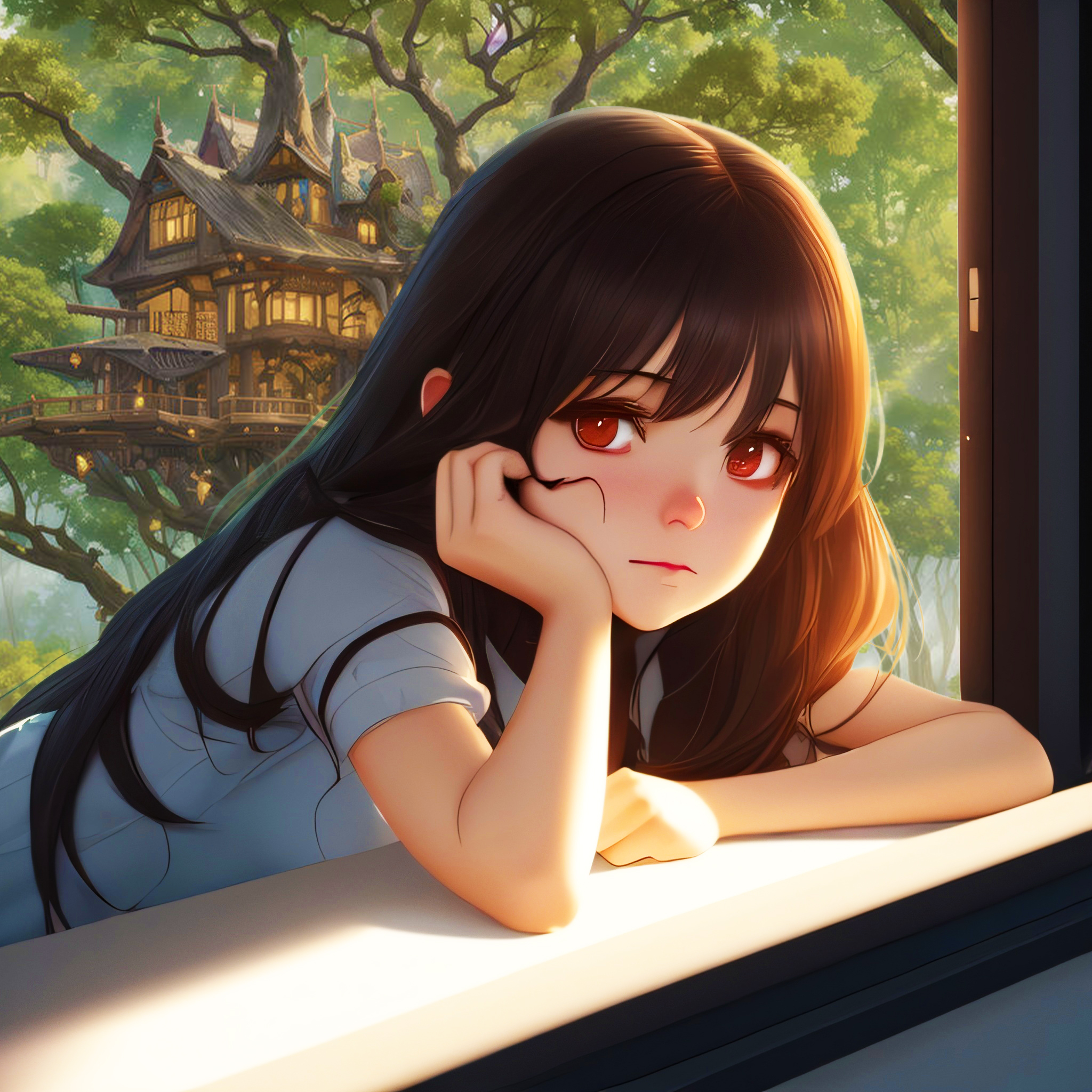 Anime Girls Anime Edit Dark Hair Orange Eyes Long Hair Looking At Viewer Trees Window House Ai Art 2048x2048