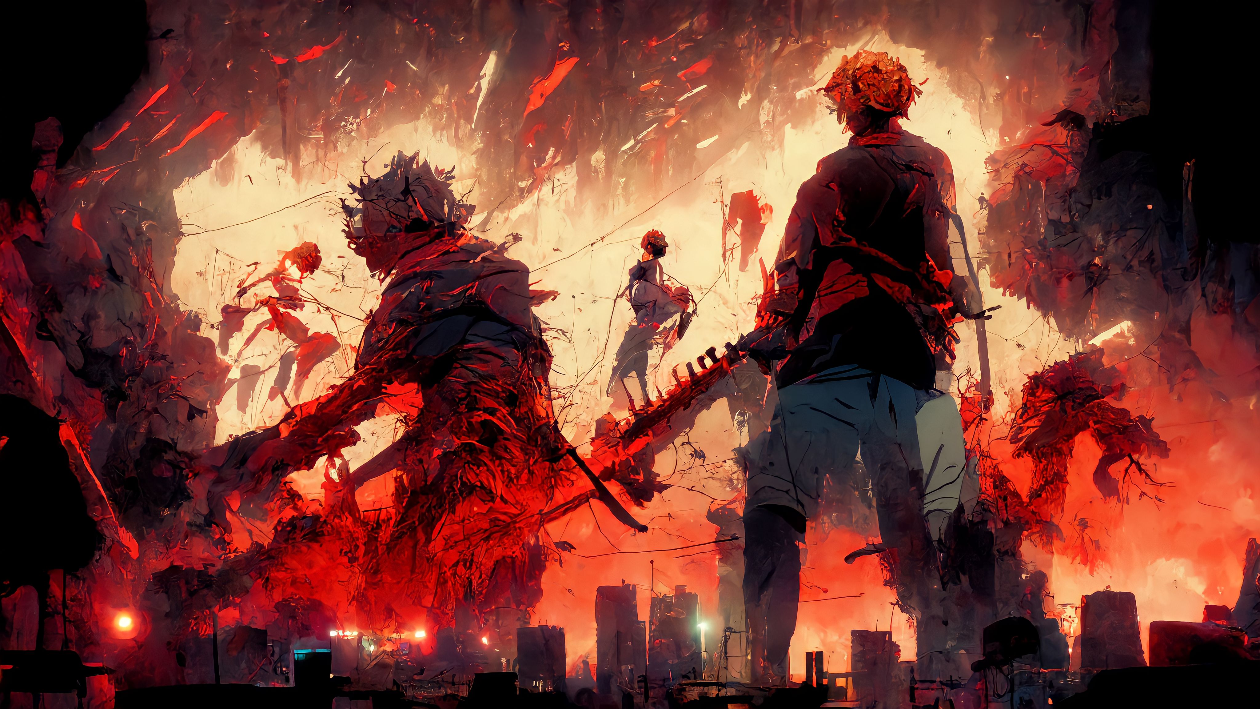 Anime City Anime Chainsaw Man Chainsaw Demons Fighting Epic Scene Red Background IA Art Anime Boys 4096x2304