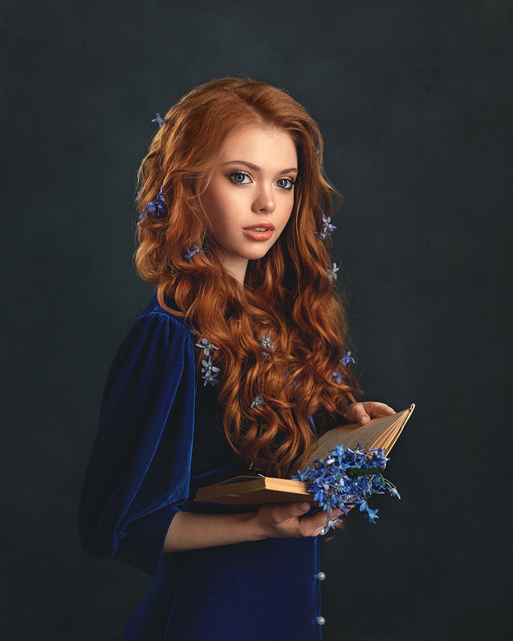 Elena Mikhailova Women Redhead Looking Away Books Blue Flowers Blue Clothing Flower In Hair Wavy Hai 1024x1280
