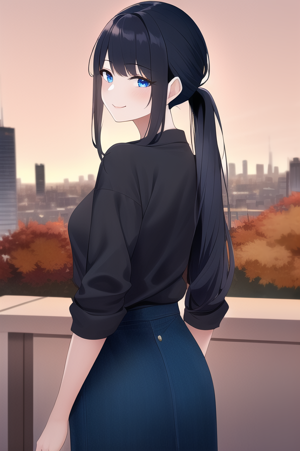 Ai Anime Girls Black Hair Blue Eyes Ponytail Looking Back Looking At Viewer Cityscape 1024x1536