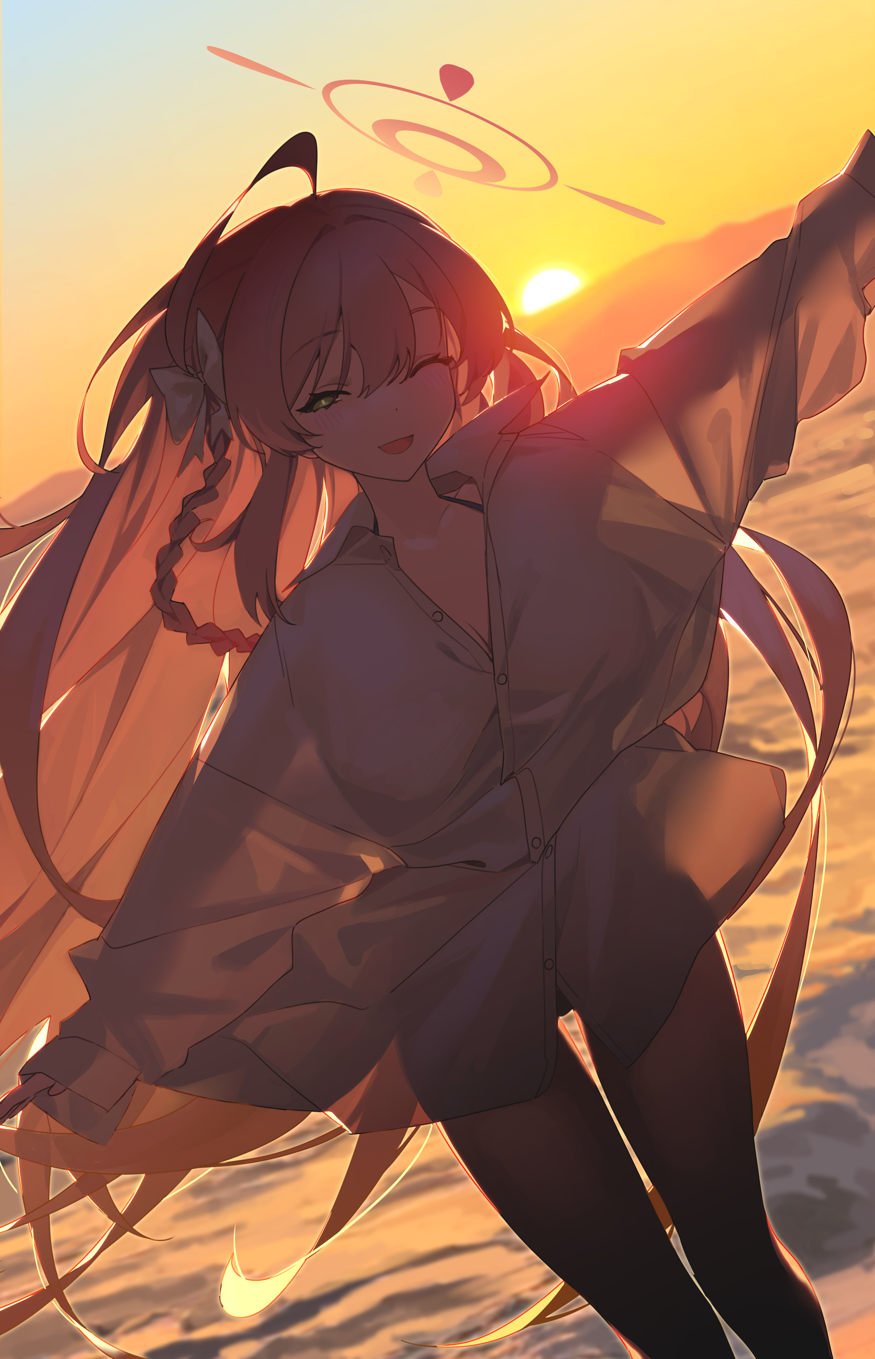 Anime Anime Girls Portrait Display Long Hair Blue Archive Braids Hair Bows Sunlight Sunset Sunset Gl 2800x4350
