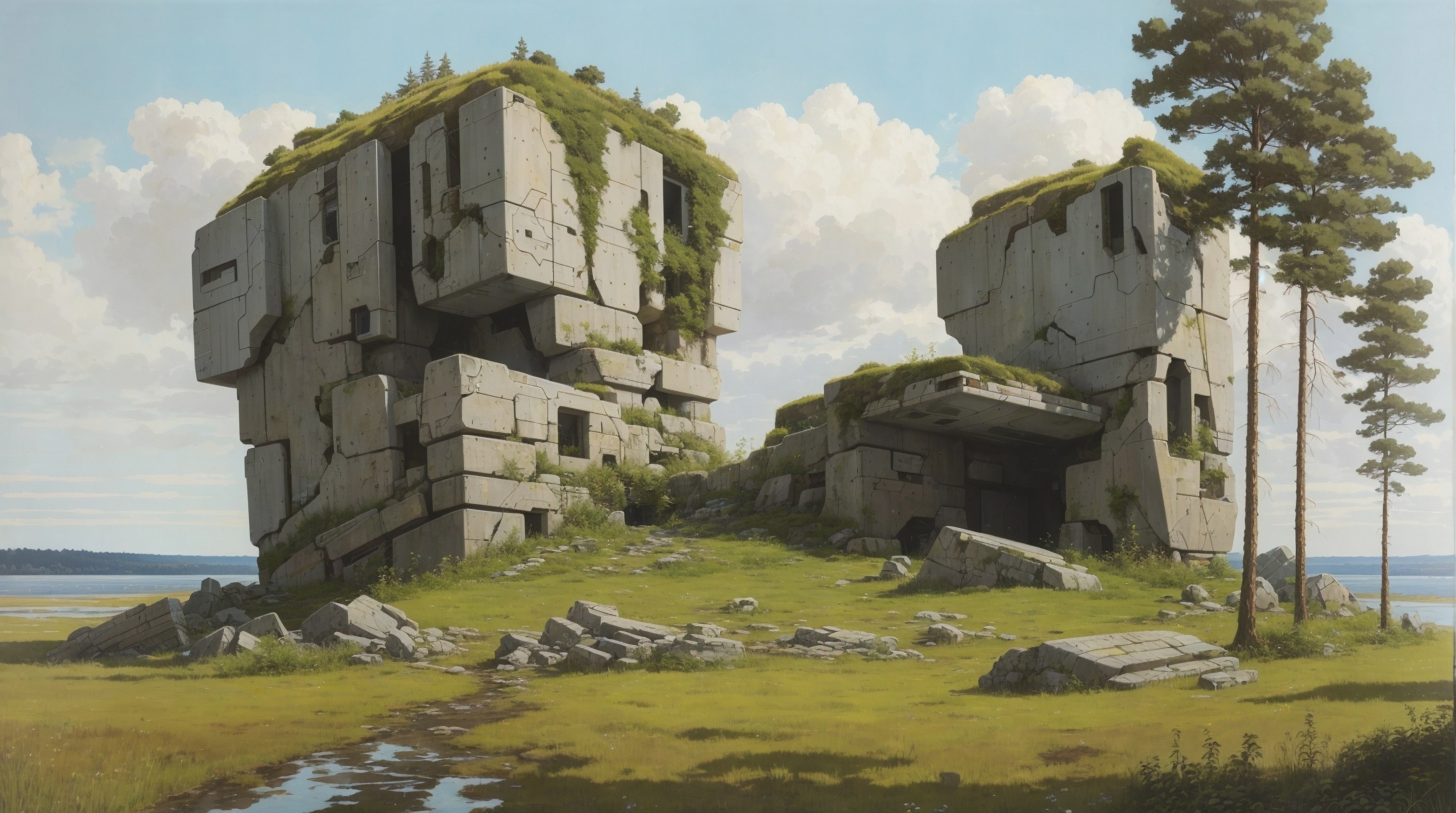 Landscape Science Fiction Rocks Ruins Environment Futuristic Megaliths Clouds Sky Trees Water 3552x1984