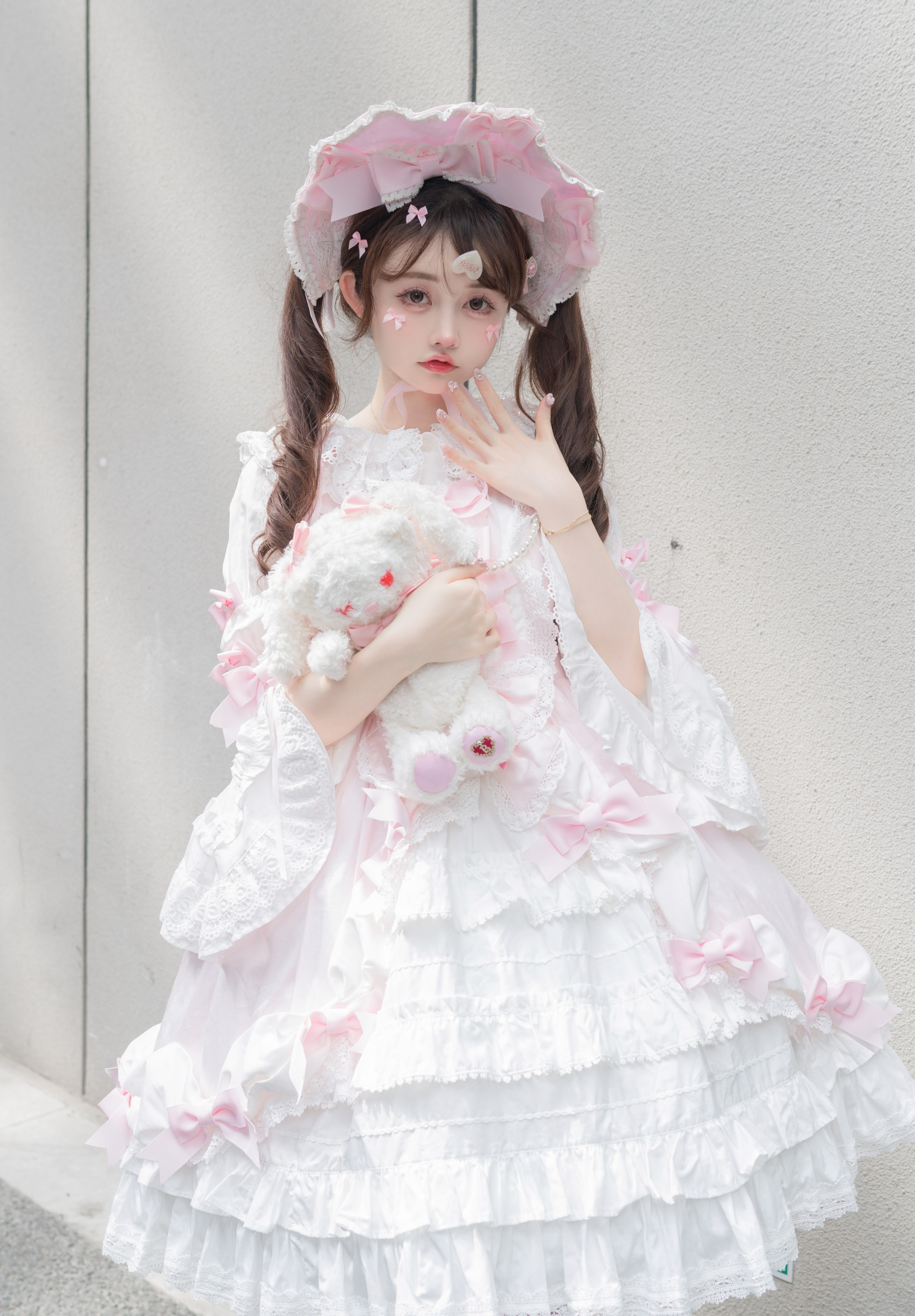 Asian Pink Hat White Dress 3459x4974