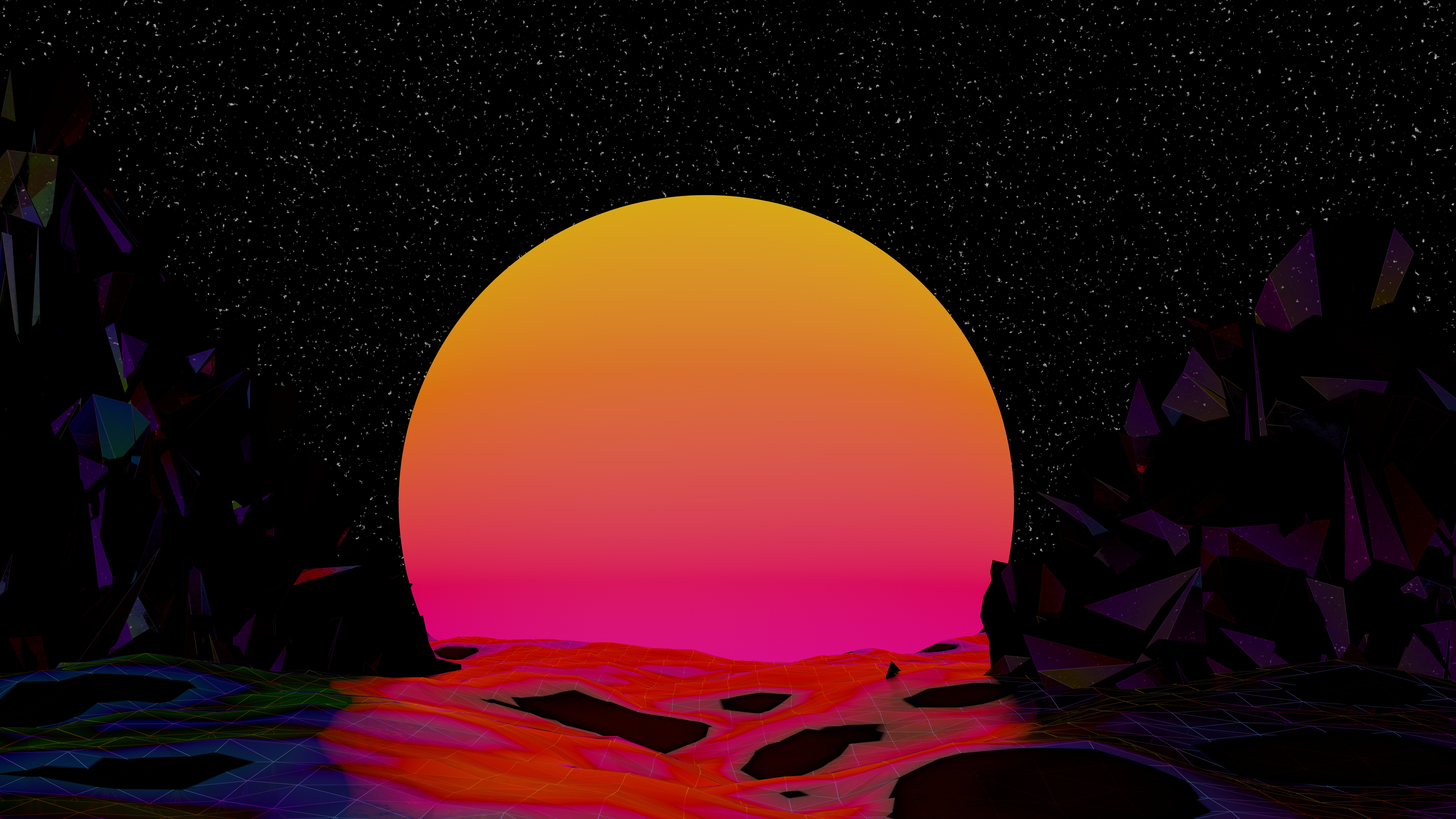 Vaporwave Sunset Space Synthwave Grid Yellow Orange Stars Vivid Colors Abstract 3D Abstract Blender  7680x4320
