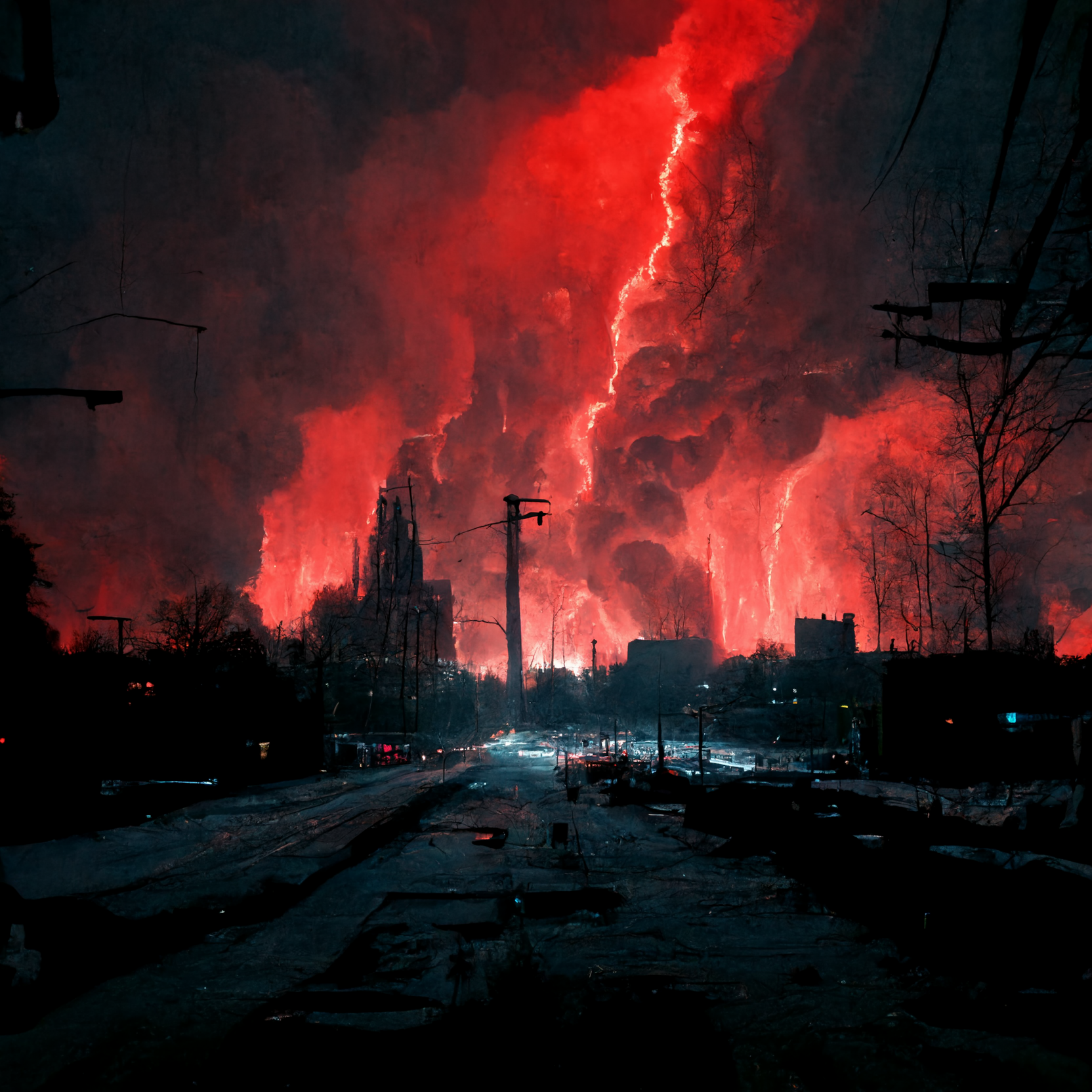 Red Lightning Apocalyptic City Fantasy Art Clouds 1664x1664
