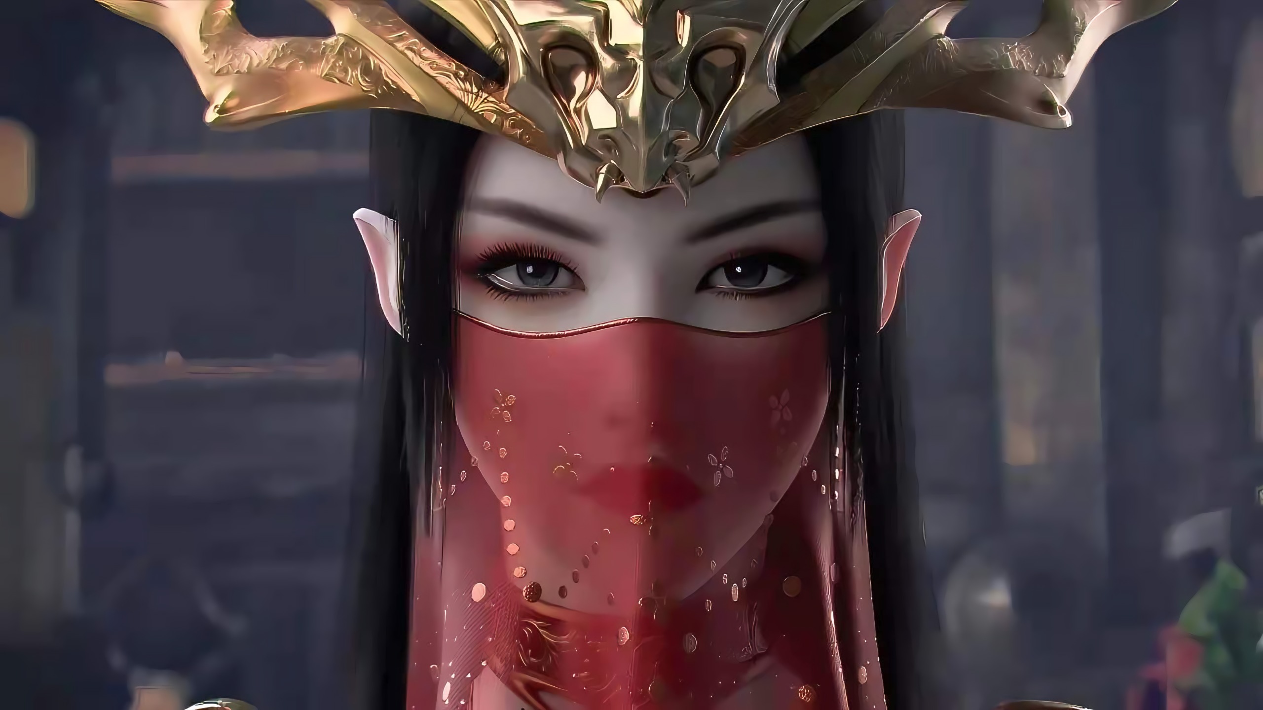 DouPoCangQiong Medusa Queen CGi Face Asian Pointy Ears Women Looking At Viewer 2560x1440