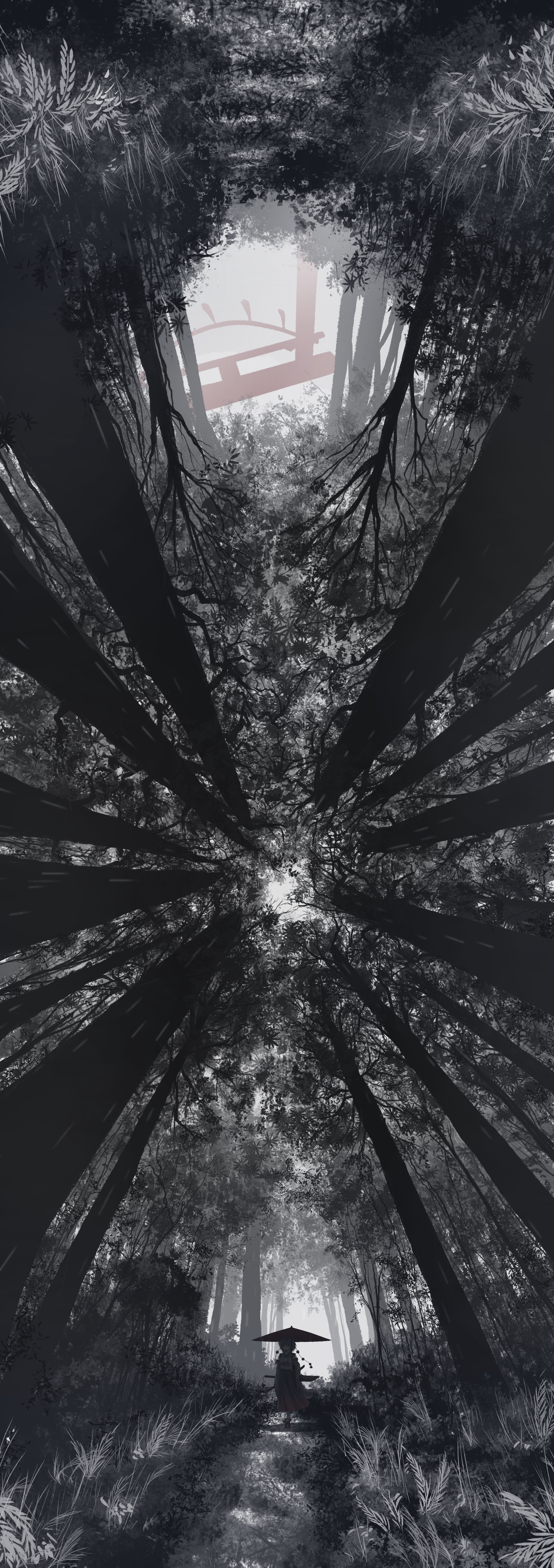 Inubashiri Momiji Touhou Forest Panoramic Sphere Portrait Display Trees Nature Monochrome 2198x6220