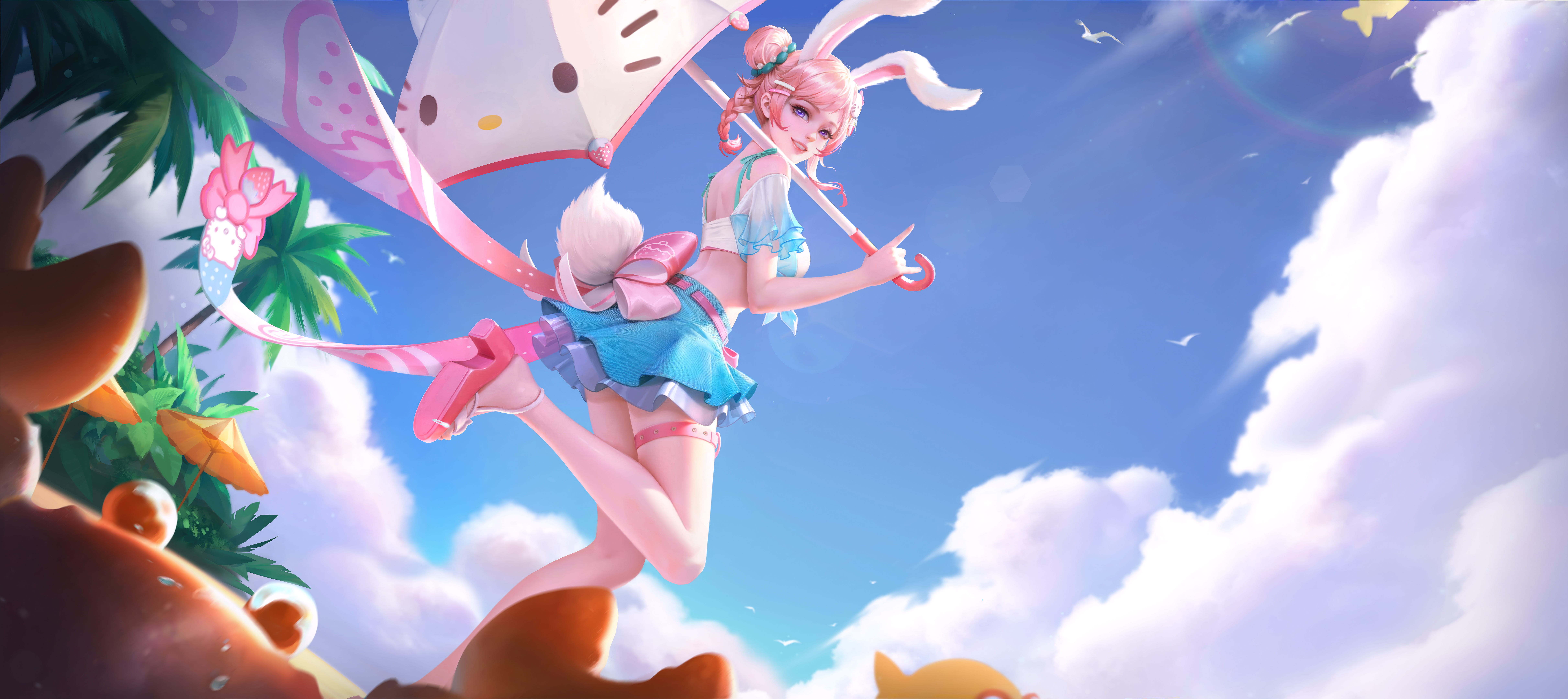 Hello Kitty Honor Of Kings Summer Skirt Umbrella Legs Sky Tree Trunk Heels Video Game Art Video Game 9688x4320
