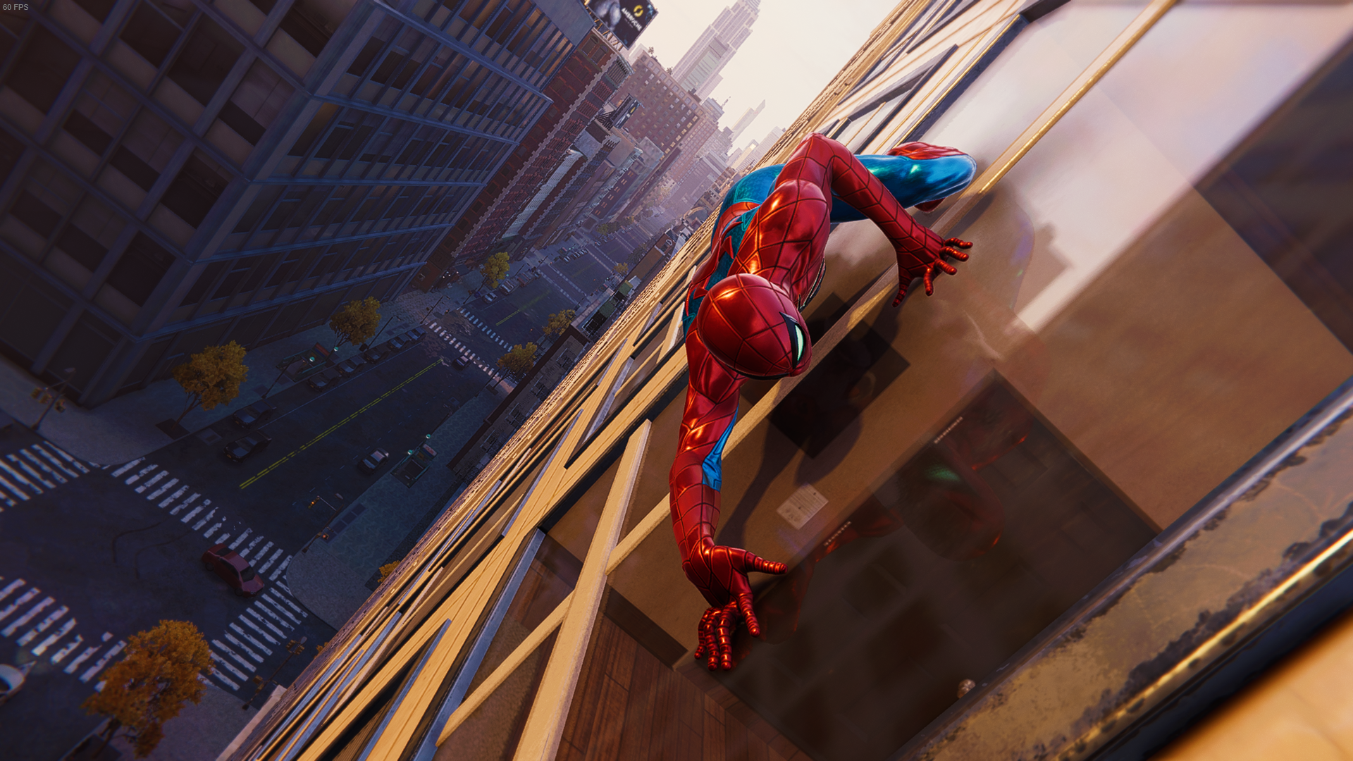 Spider Man Spider Man 2018 PlayStation Marvel Comics Bodysuit Reflection Building Street Sunset Glow 1920x1080