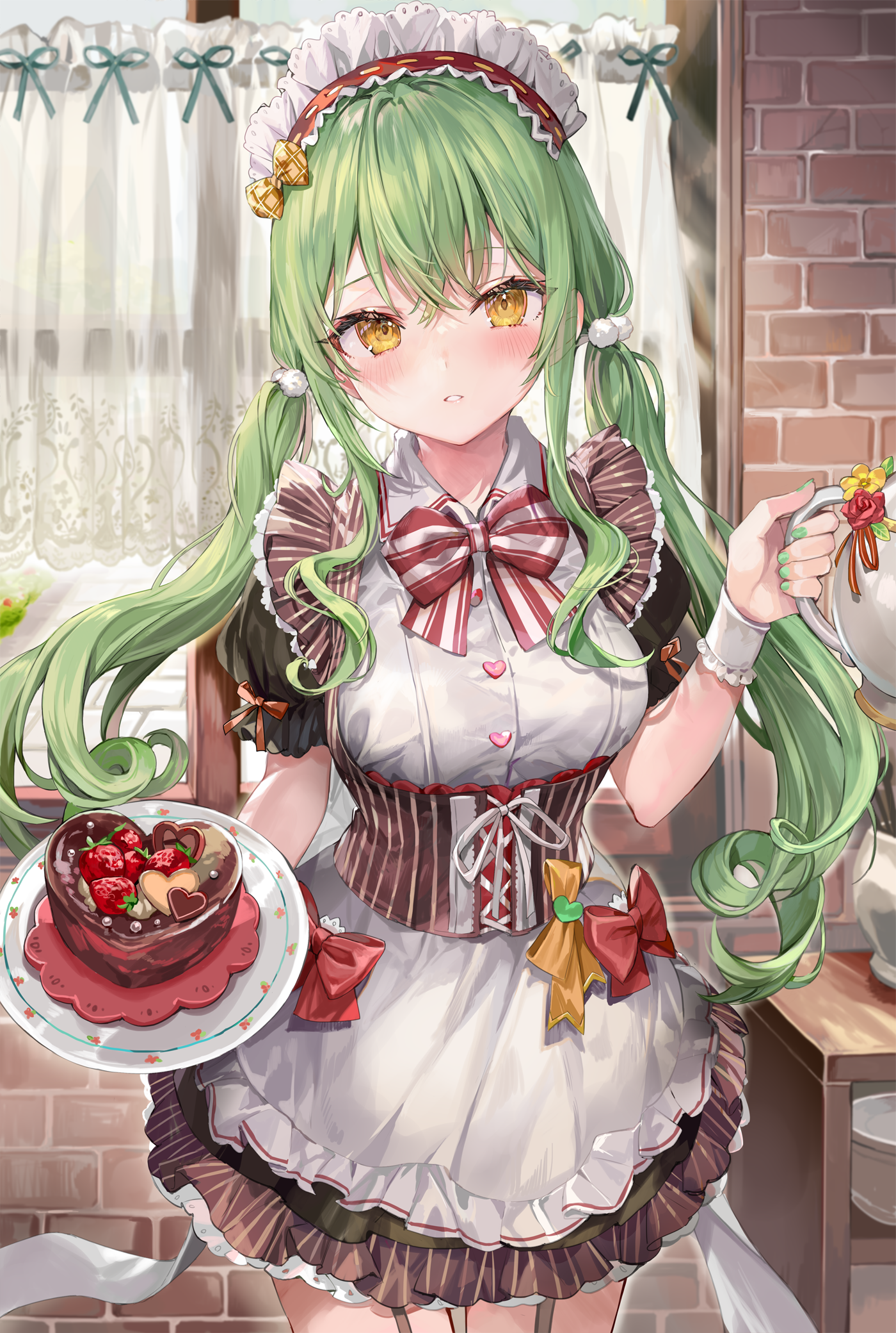 Green Hair Double Ponytail Brownie Maid Anime Maid Outfit Anime Girls Yellow Eyes 1400x2080