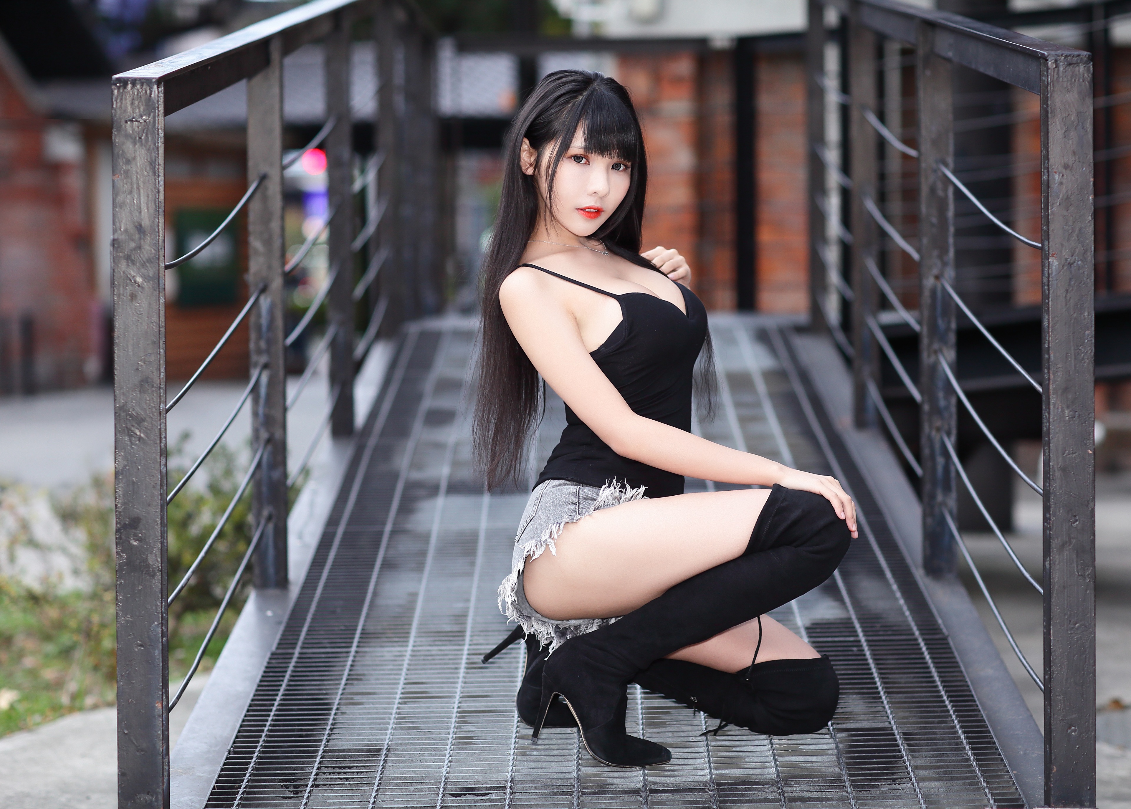 Asian Model Women Long Hair Dark Hair Vicky Asian Model Knee High Boots Jean Shorts Black Shirt Brid 3840x2747