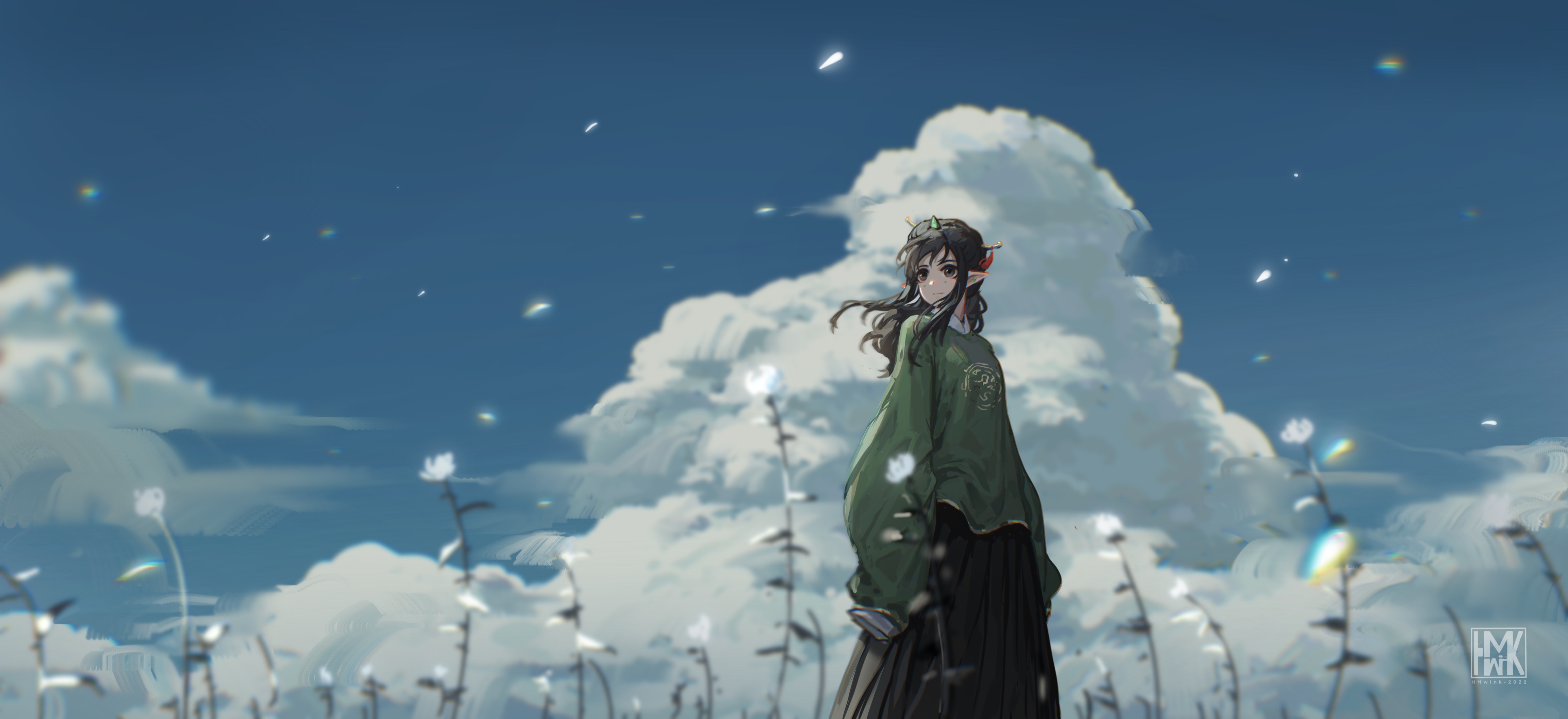 Hua Ming Wink Anime Anime Girls Artwork Hanfu Chinese Clothing Elves Clouds Windy Black Hair Long Ha 4608x2112
