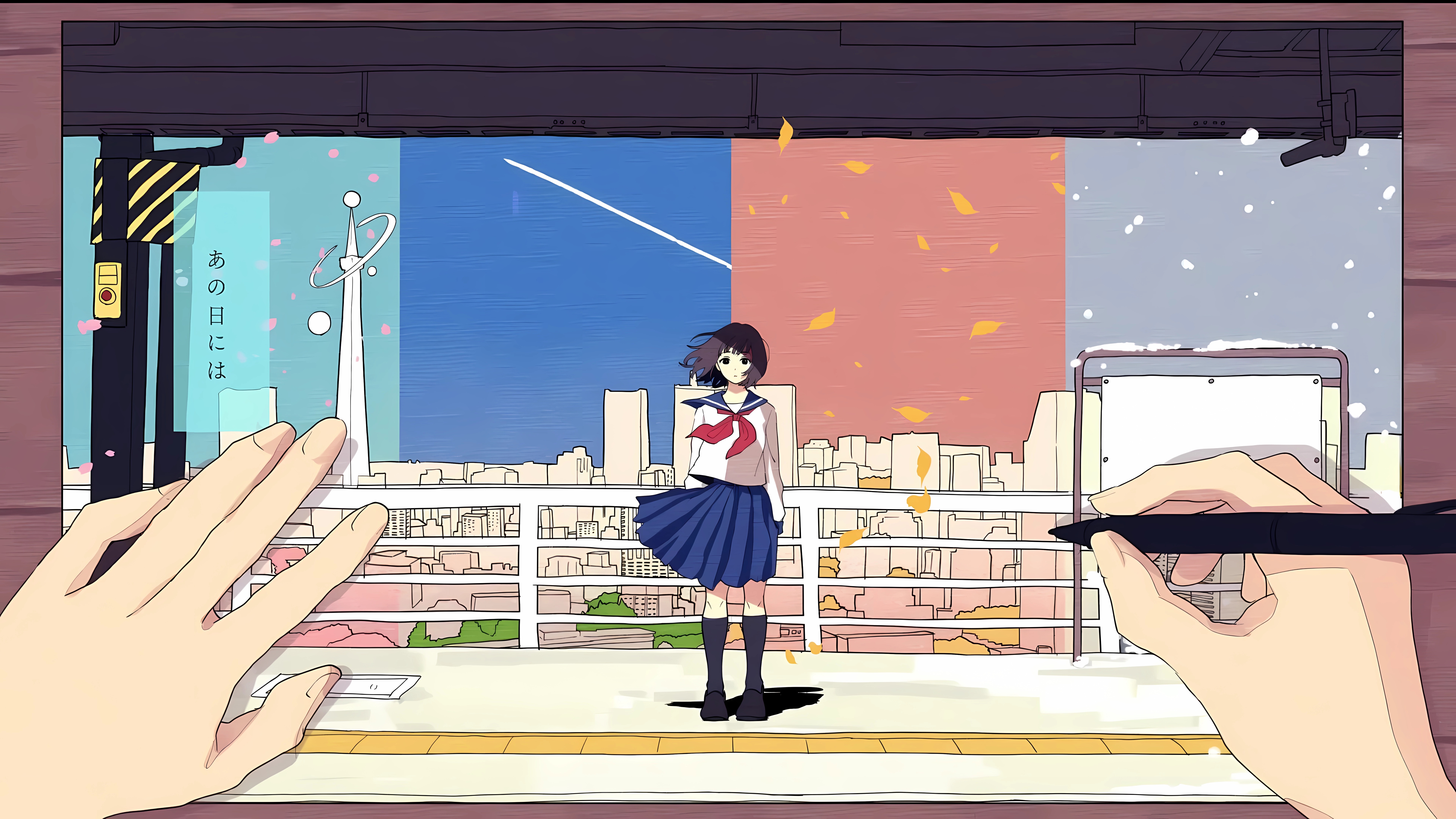 Coalowl Anime Anime Girls Standing Schoolgirl School Uniform Looking At Viewer City Hair Blowing In  7680x4320