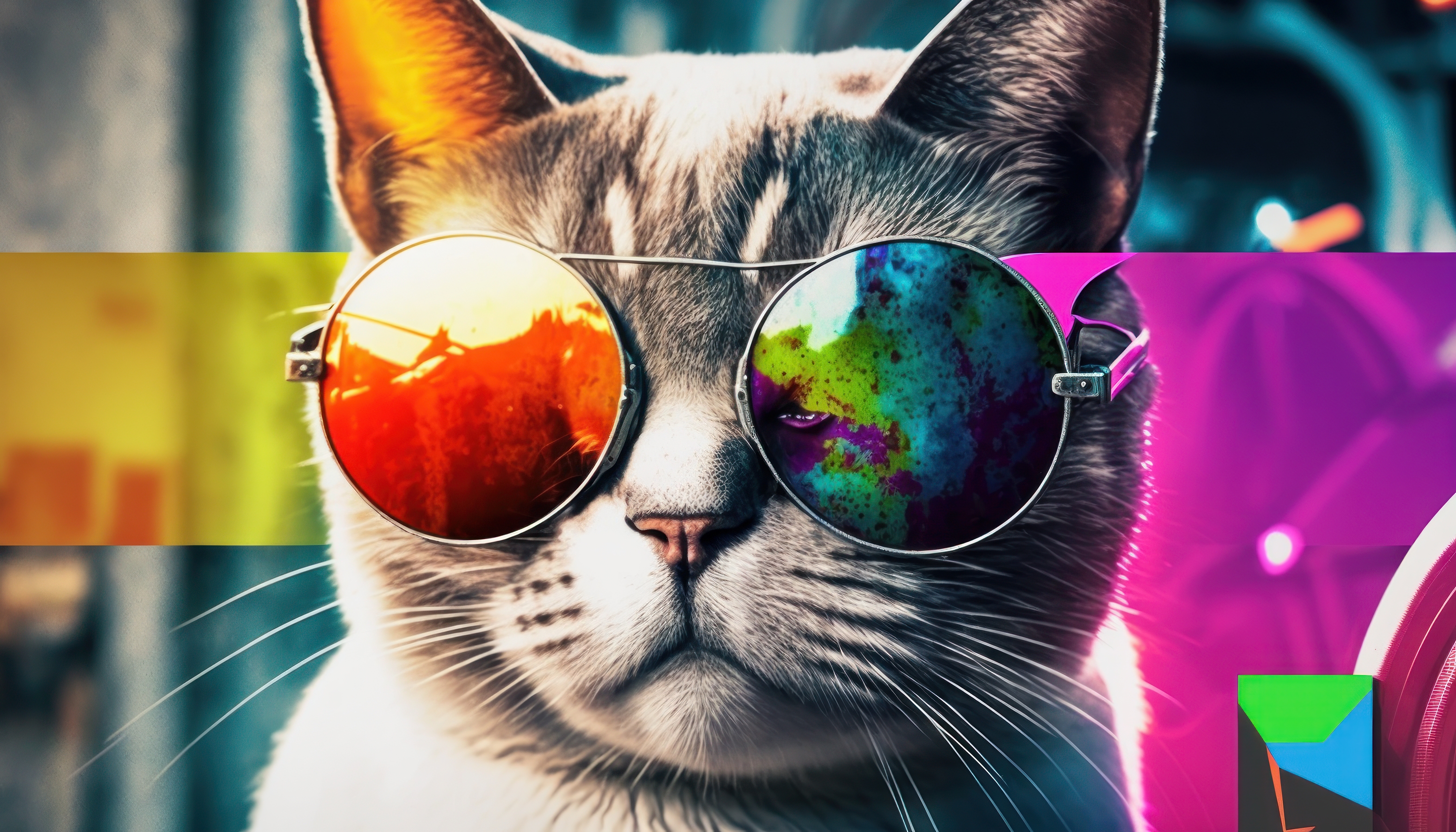 Ai Art Sunglasses Cats Glitch Art Animals Colorful Digital Art 3136x1792
