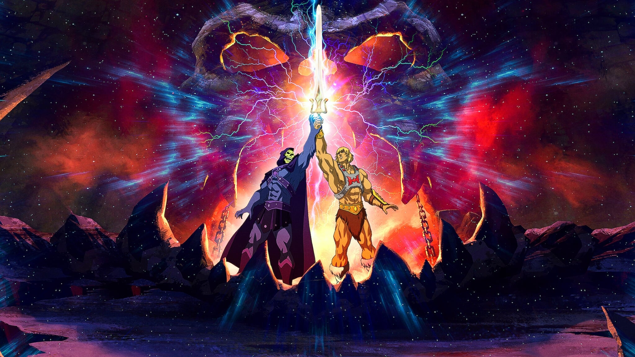He Man And The Masters Of The Universe He Man Skeletor Cartoon Fantasy Men Clouds Lightning Sword We 2048x1152