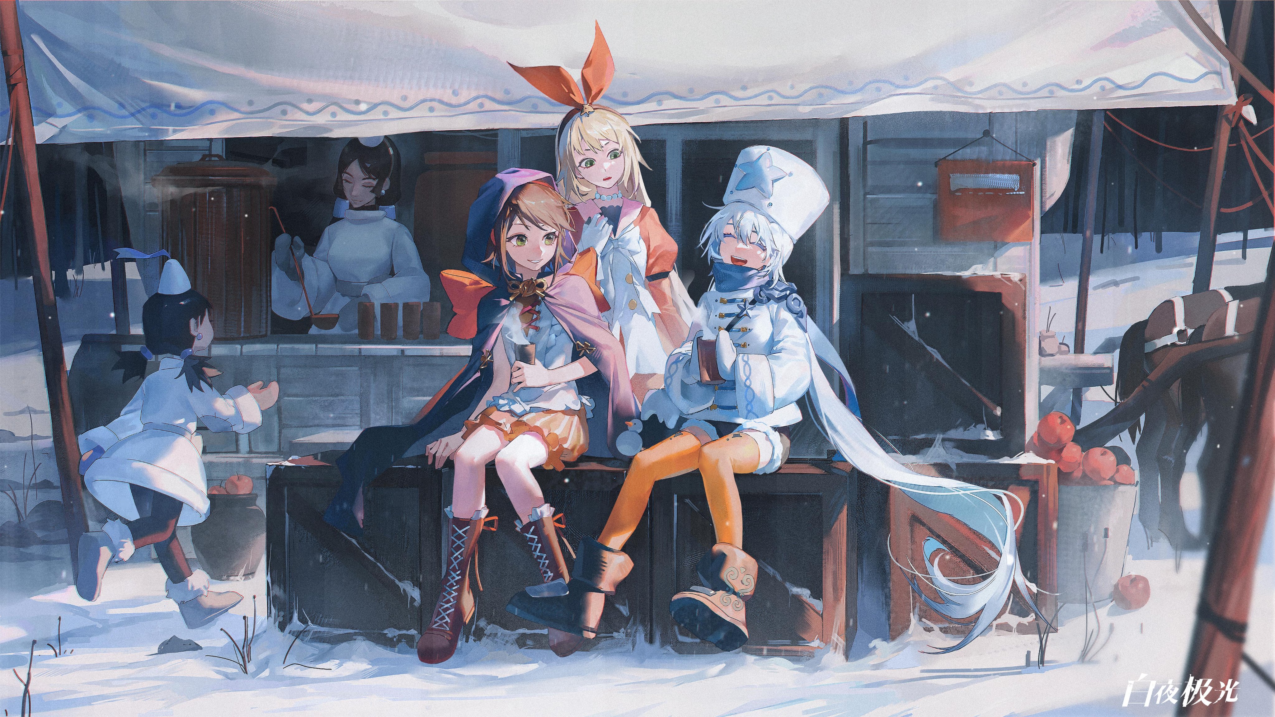 Anime Girls Winter Closed Eyes Snow Long Hair Sitting Drink Scarf Necklace Cooking Hat 4096x2304
