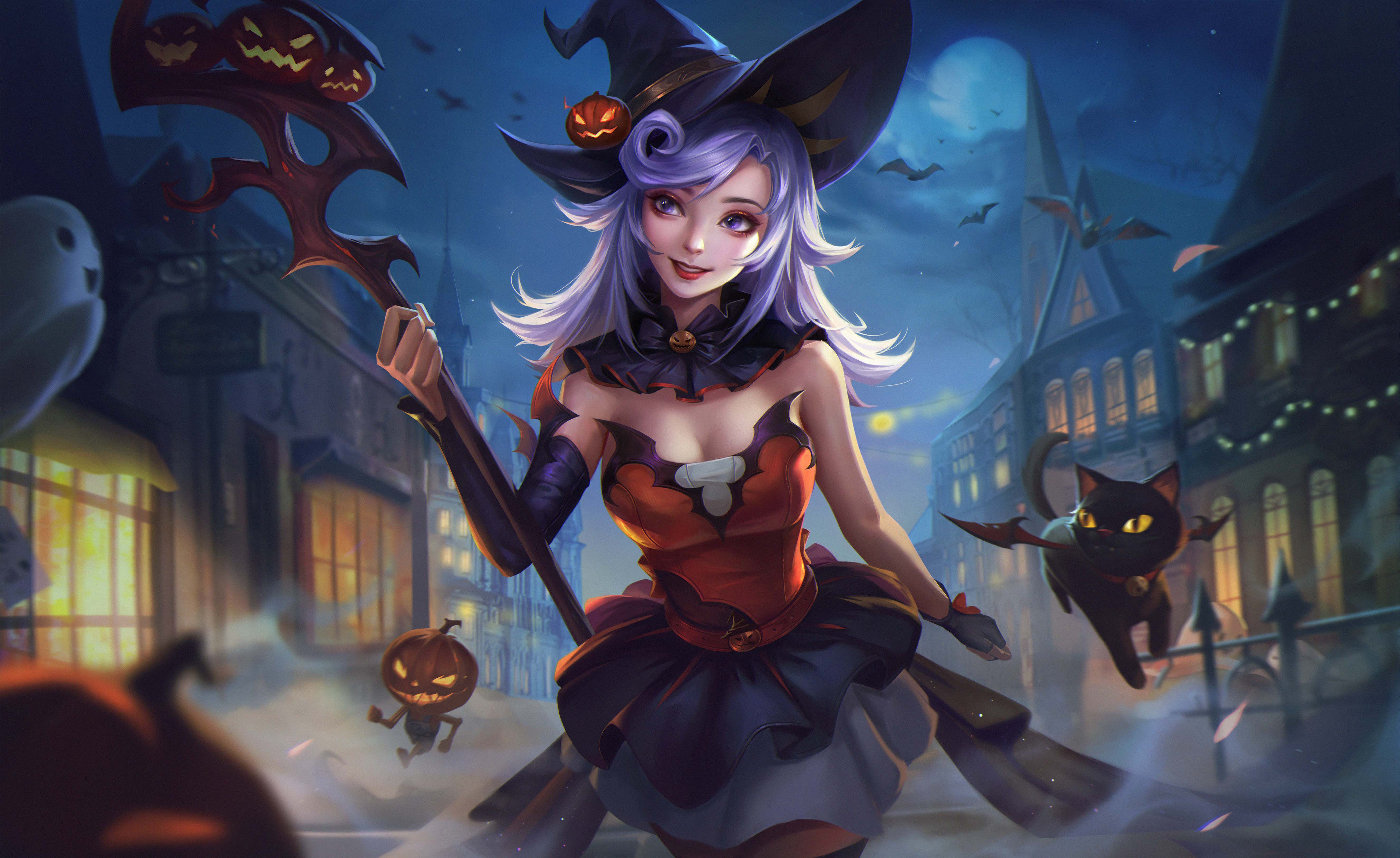 Witch Halloween Witch Hat Night Cat Staff 3840x2355