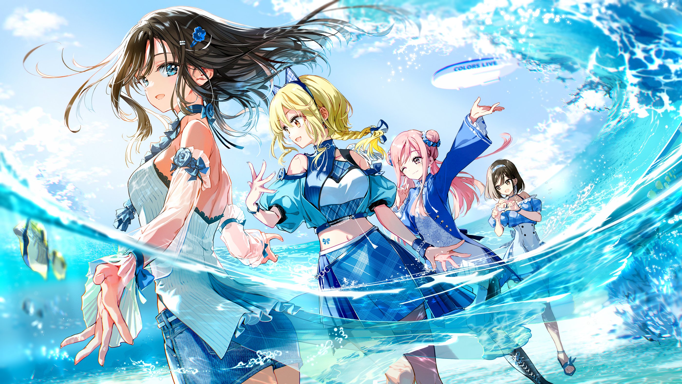 Tiv Anime Girls Women Quartet Water Group Of Women Blimp Standing In Water Clouds Sky Fish Brunette  2800x1575