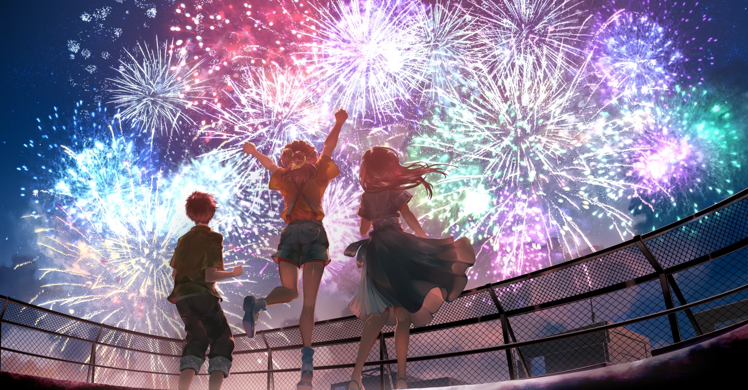 Anime Anime Girls Fireworks Sky Fence Jumping Arms Up Hair Blowing In The Wind Night Anime Boys 1536x802
