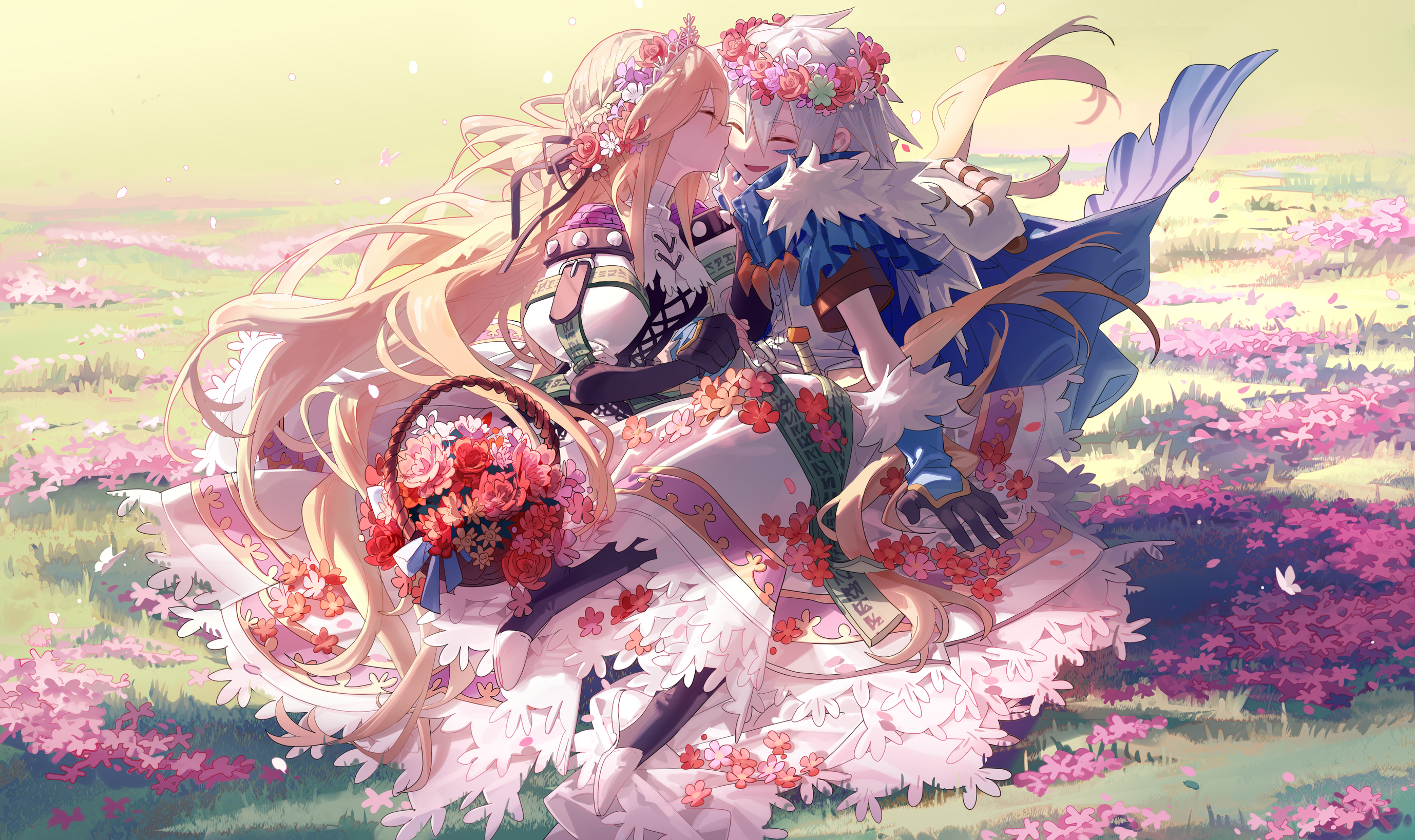 Anime Pixiv Anime Girls Flowers Flower Crown Kissing Yggdra Union Milanor Yggdra Yuril Artwaltz Gras 2756x1637