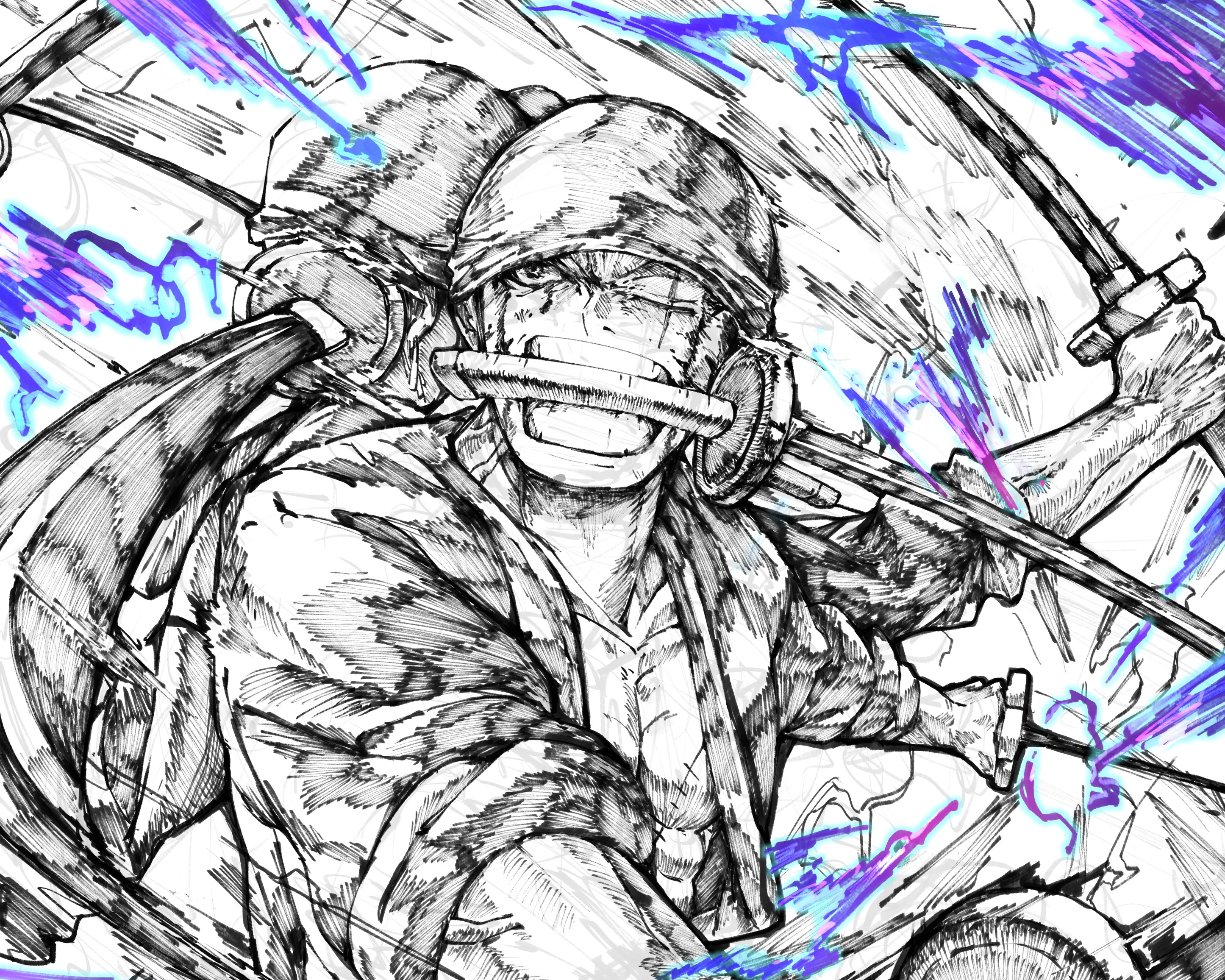 SATOSHi One Piece Roronoa Zoro Swordsman Anime Boys Sword Fan Art Weapon Drawing 2891x2312