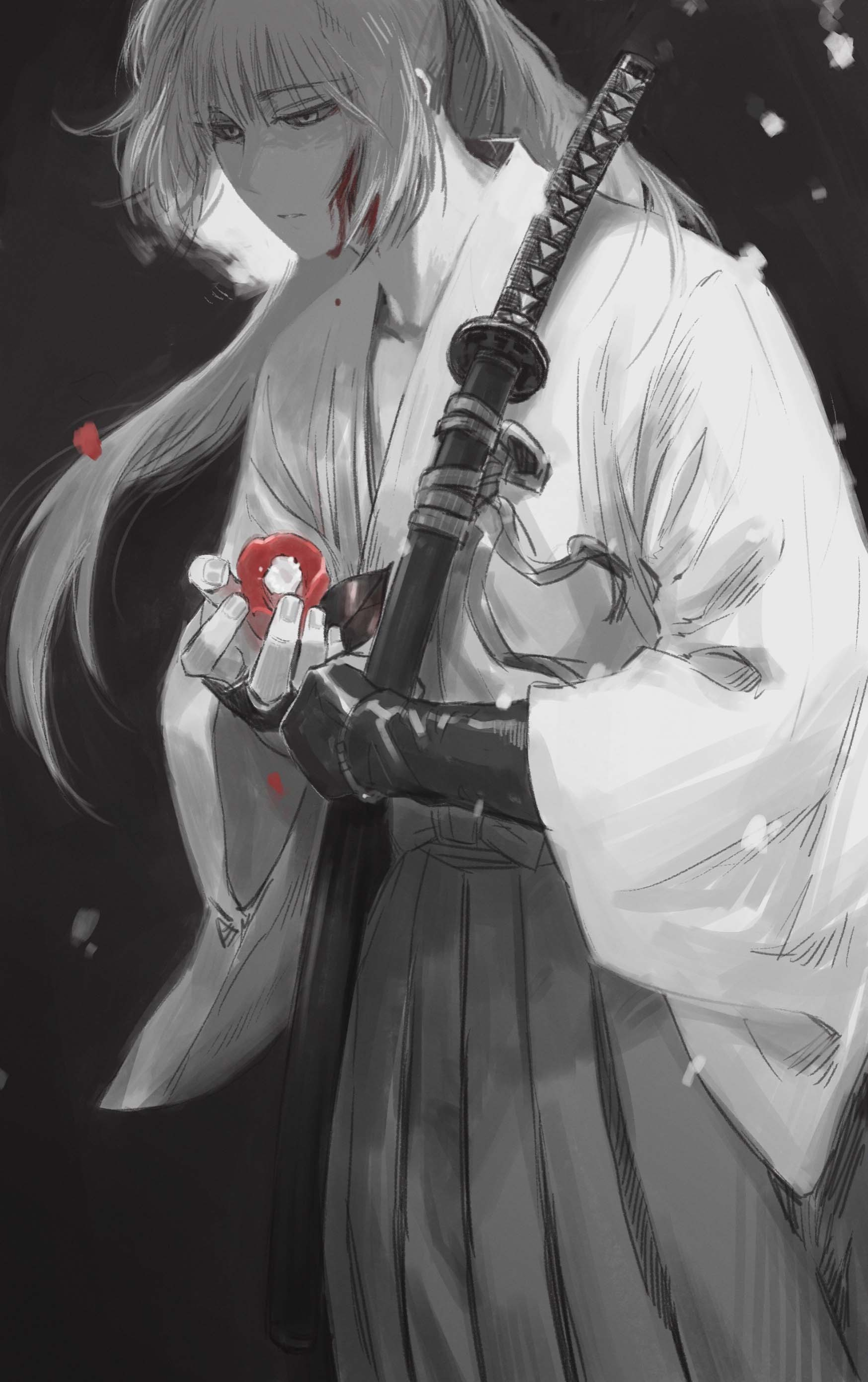 Rurouni Kenshin Himura Kenshin Fan Art Portrait Display Anime Anime Boys Monochrome Long Hair Sword  1748x2781