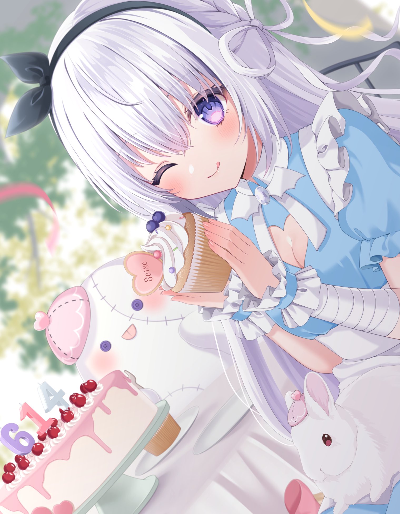 Anime Girls Long Hair Tongue Out Portrait Display Blushing Cupcakes Cake Sweets One Eye Closed White 1519x1951