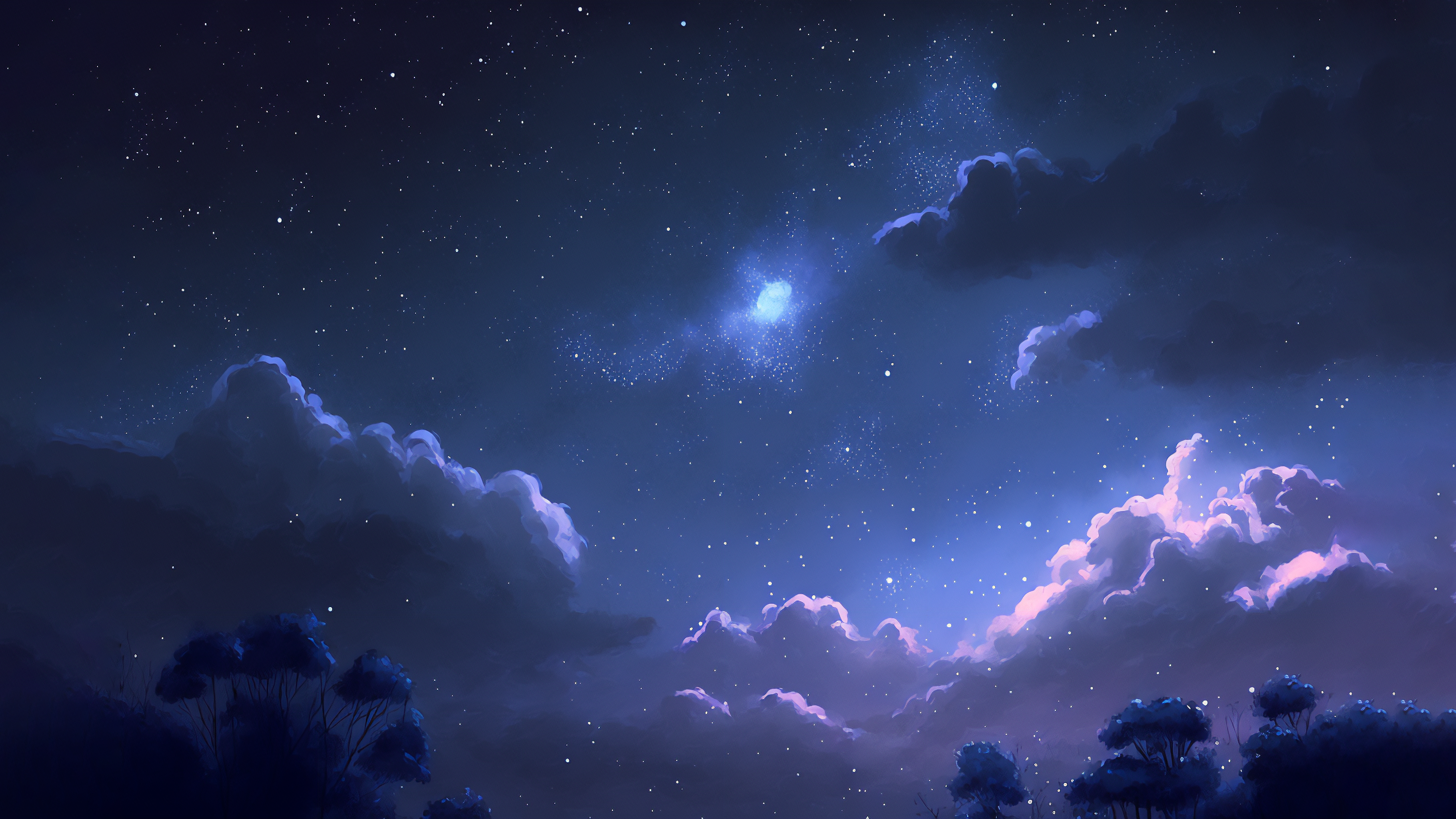 Ai Art Trees Night Clouds Blue Stars Starry Night Sky 3640x2048