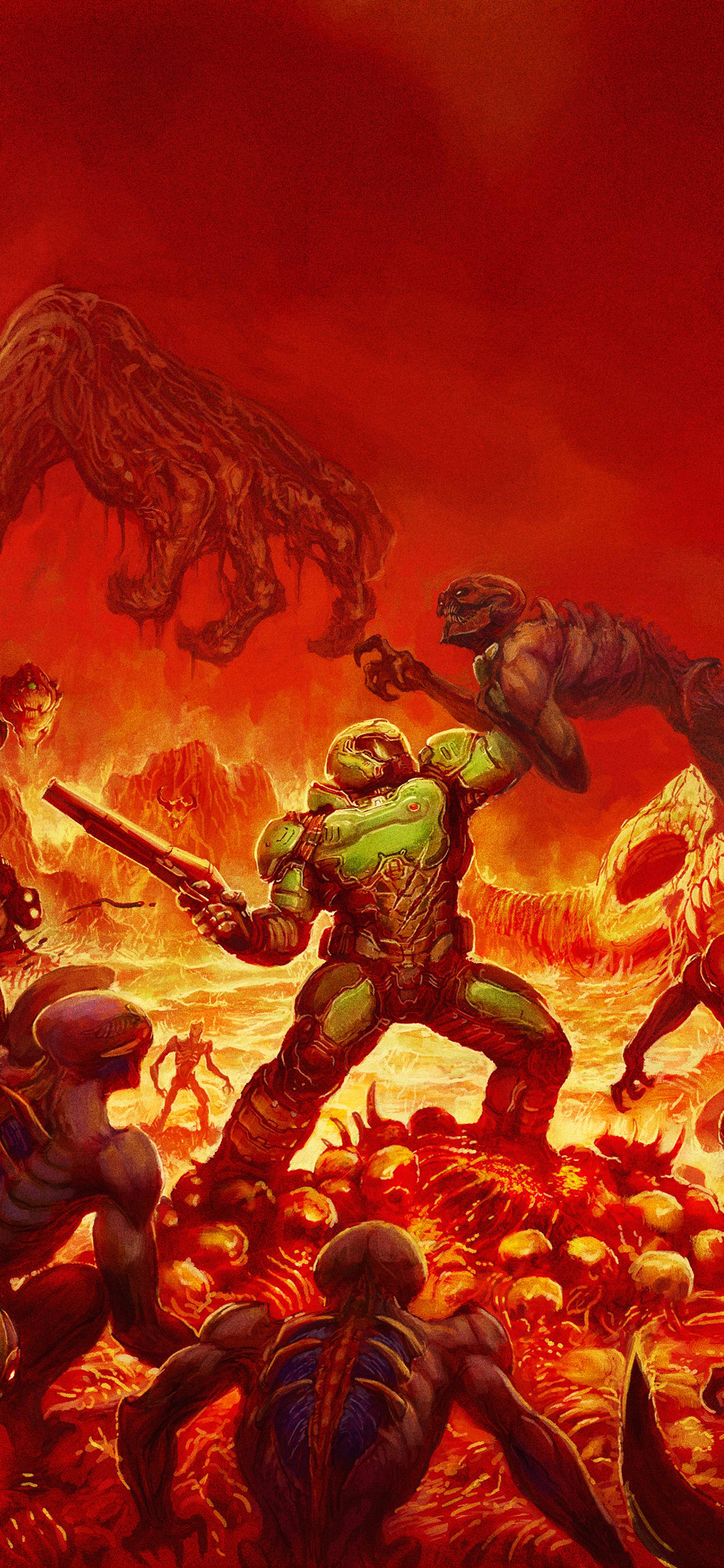 Doom 2016 Doom Slayer Video Game Characters Armor Video Game Art Video Games Gun Lava Demon Portrait 1080x2340