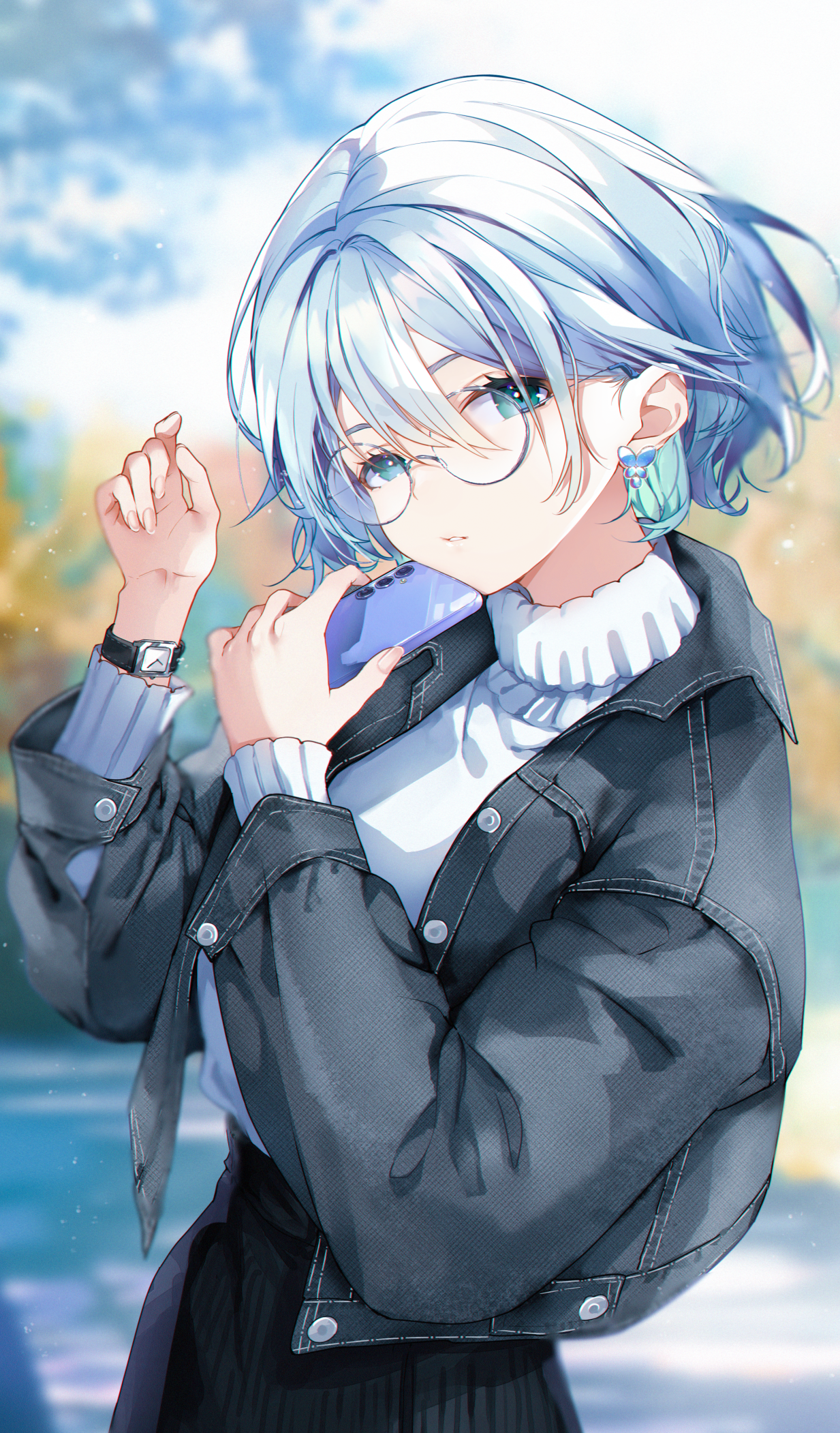 Anime Anime Girls Original Characters Glasses Blue Hair Blue Eyes Looking At Viewer Short Hair Jacke 1233x2102