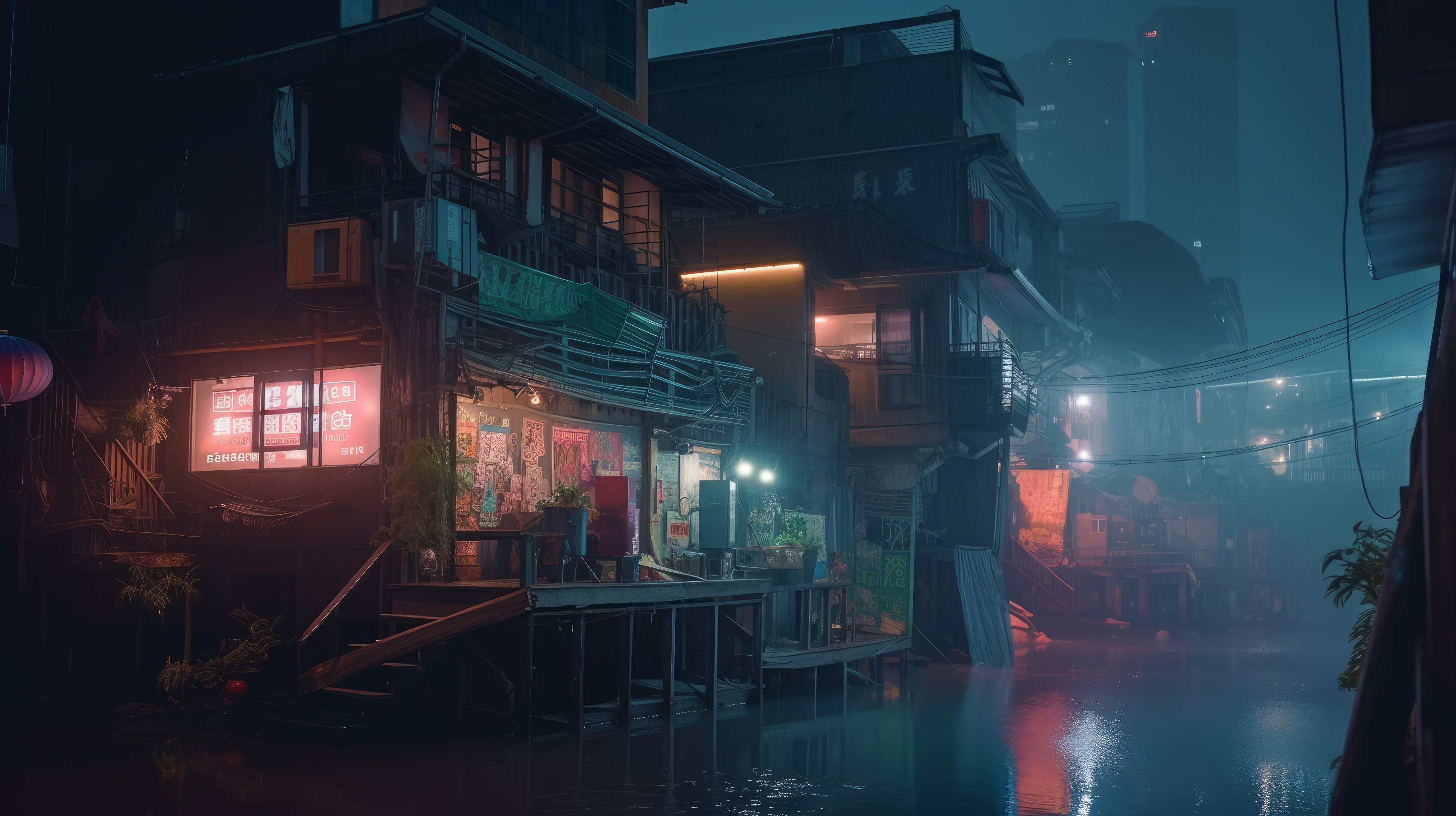 Ai Art City Water Slum Cyberpunk Night City Lights Reflection Building 3854x2160