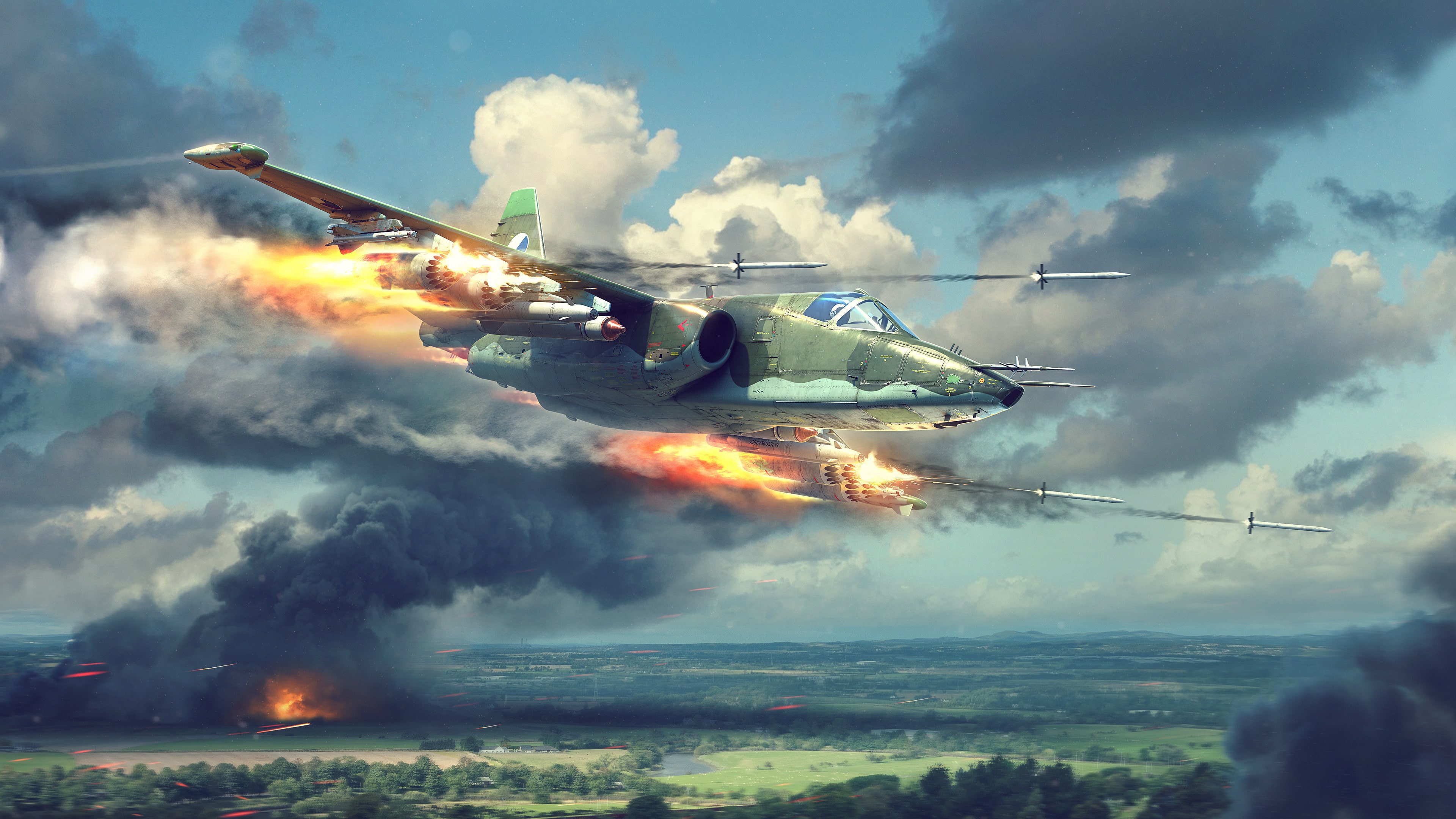 Sukhoi Aircraft Sky Clouds War Rocket Fire Smoke Artwork SU 25 Frogfoot Military 3840x2160