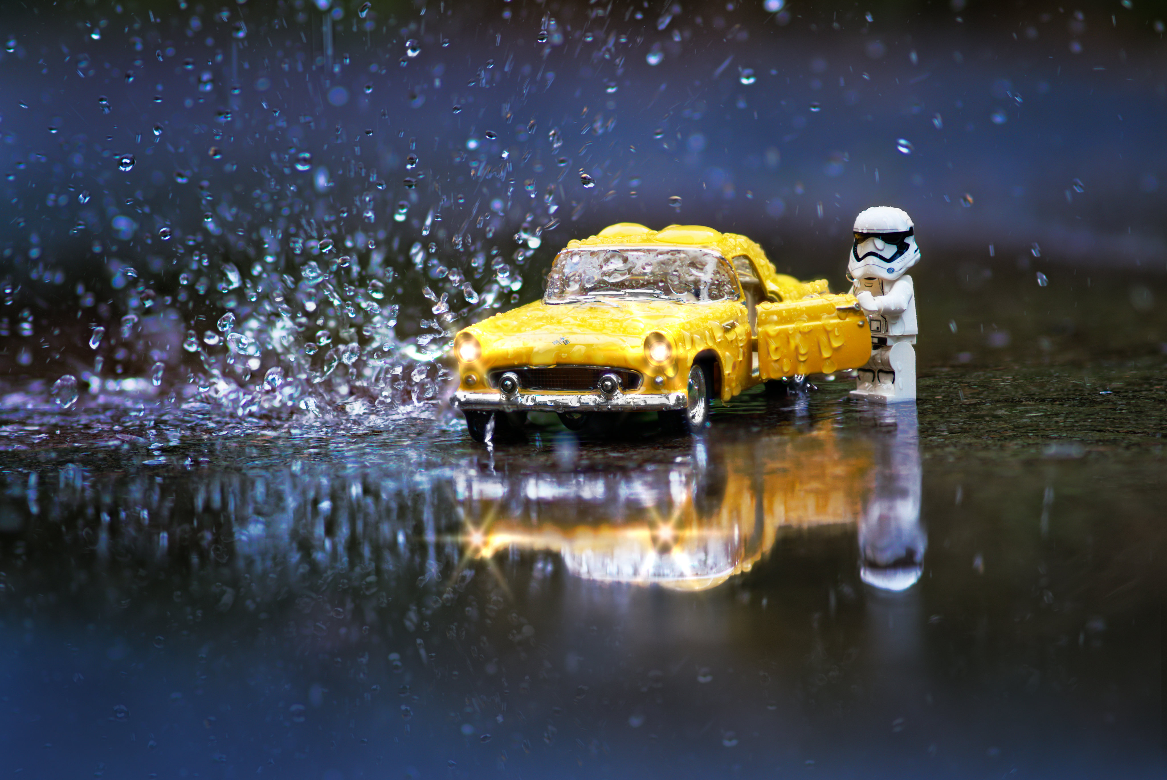 Toys Water Stormtrooper LEGO Rain Car Headlights Reflection 4096x2736