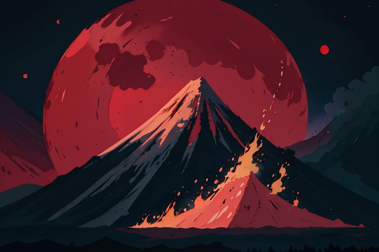 Mountain View Red Red Moon Volcano Red Background Night Digital Art 1280x853