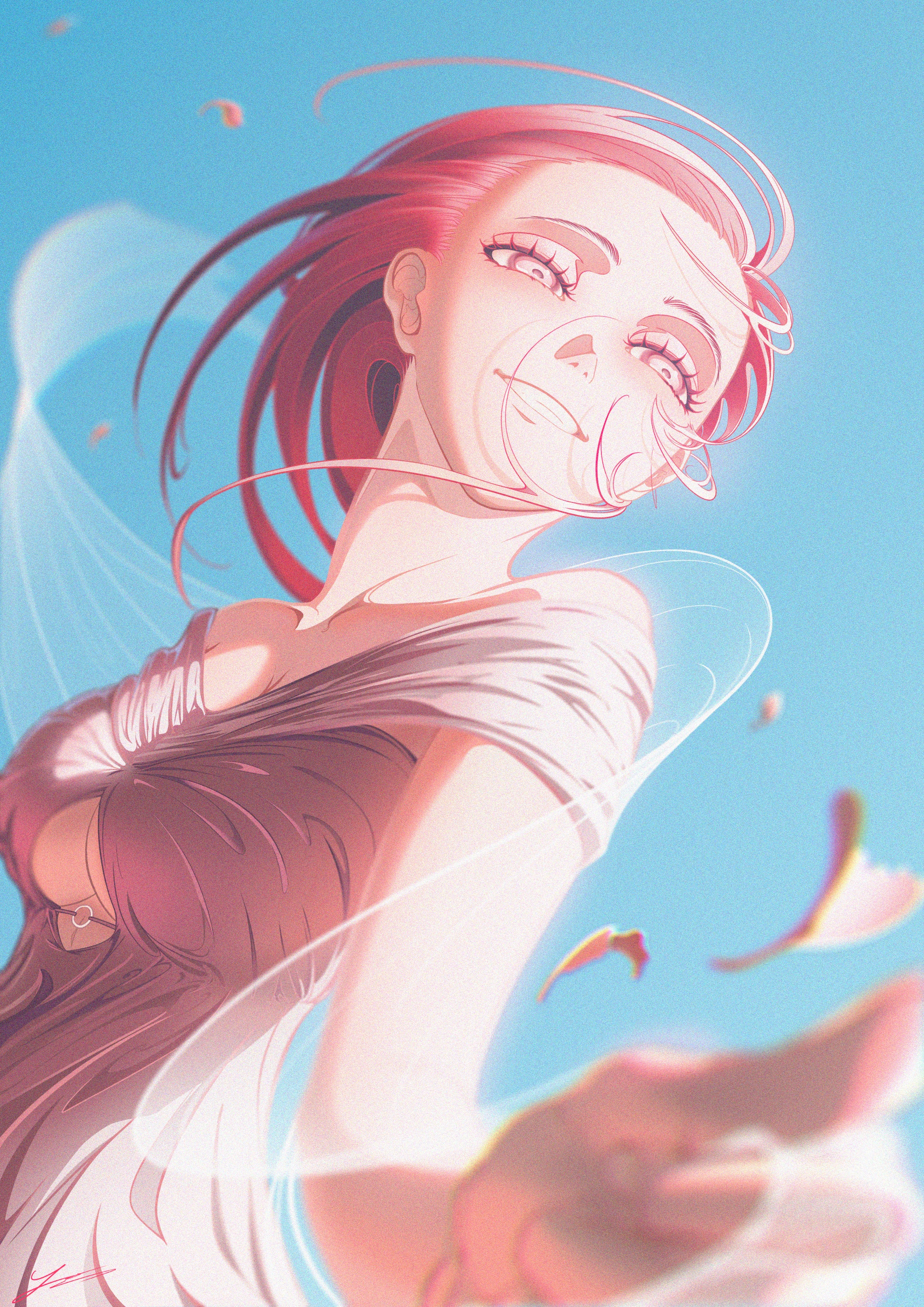 Yunillust Anime Digital Art Artwork Illustration Women Vertical Dress Redhead Anime Girls Petals Smi 2121x3000
