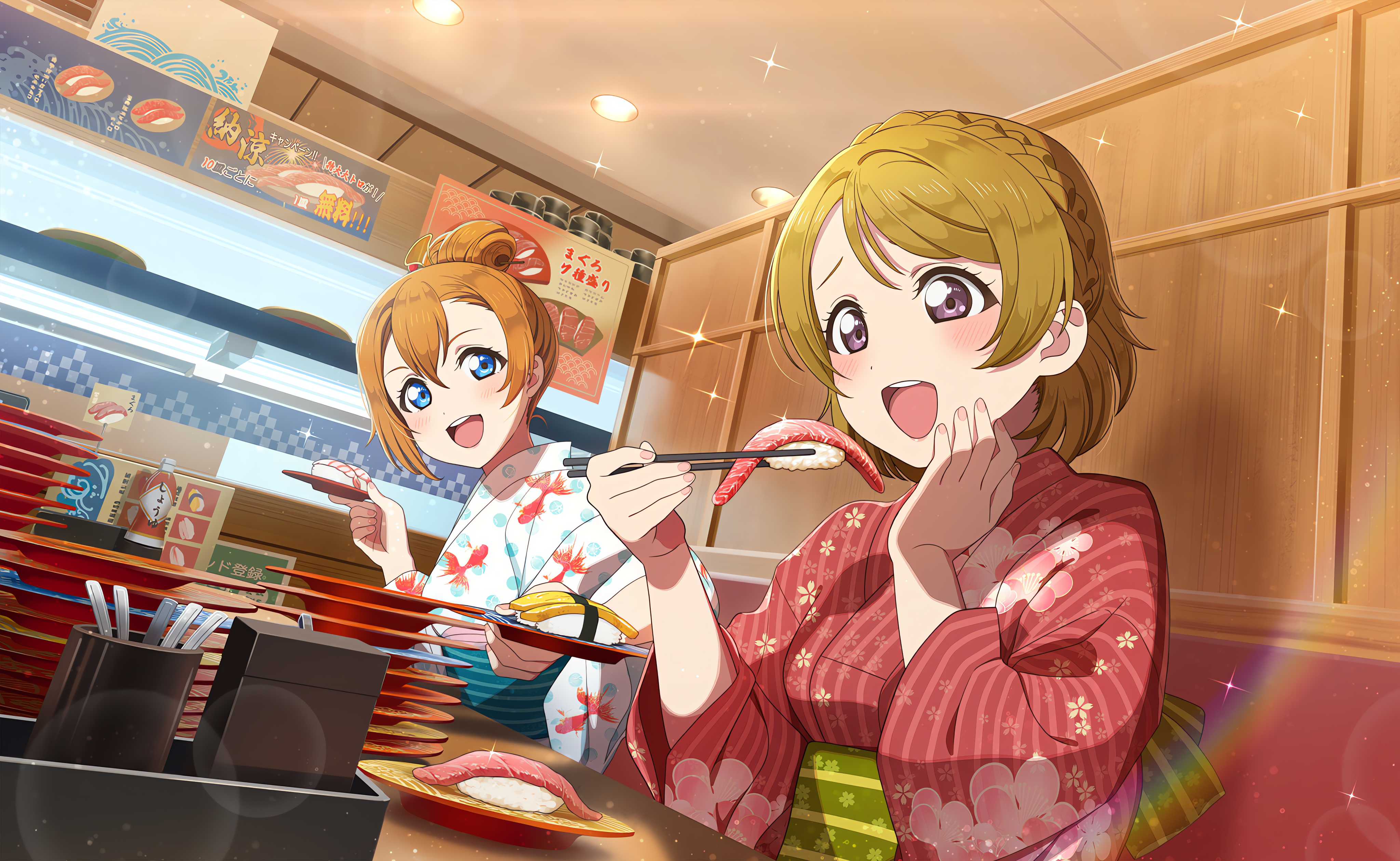 Koizumi Hanayo Love Live Honoka K Saka Kimono Anime Anime Girls Sitting Fish Sushi Chopsticks Plates 4096x2520
