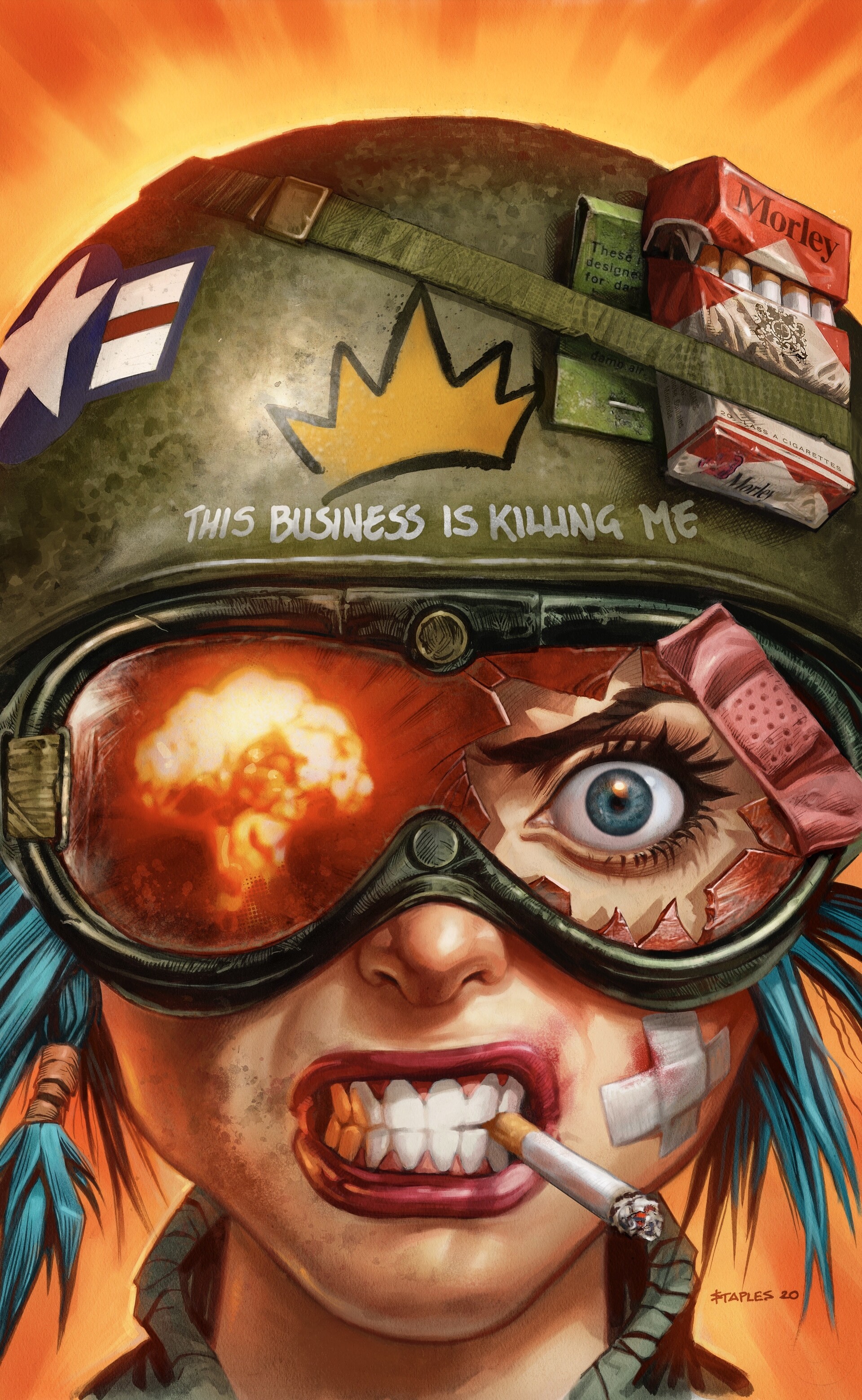 Tank Girl Cover Art Digital Art Artwork Illustration Women Soldier Helmet Smoking Explosion Blue Hai 1920x3118
