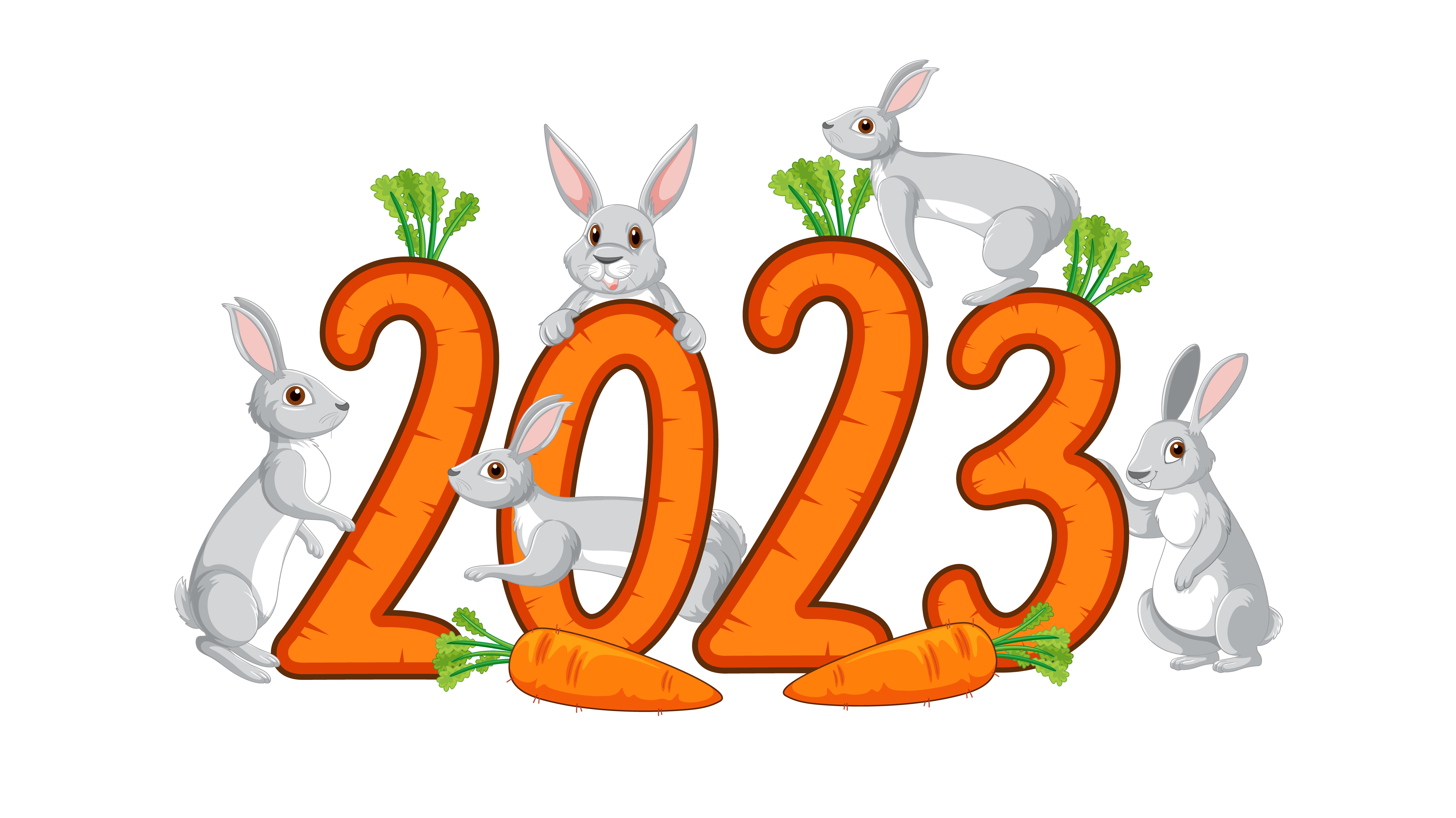 2023 Year Rabbits Carrots Minimalism Simple Background White Background 8043x4524