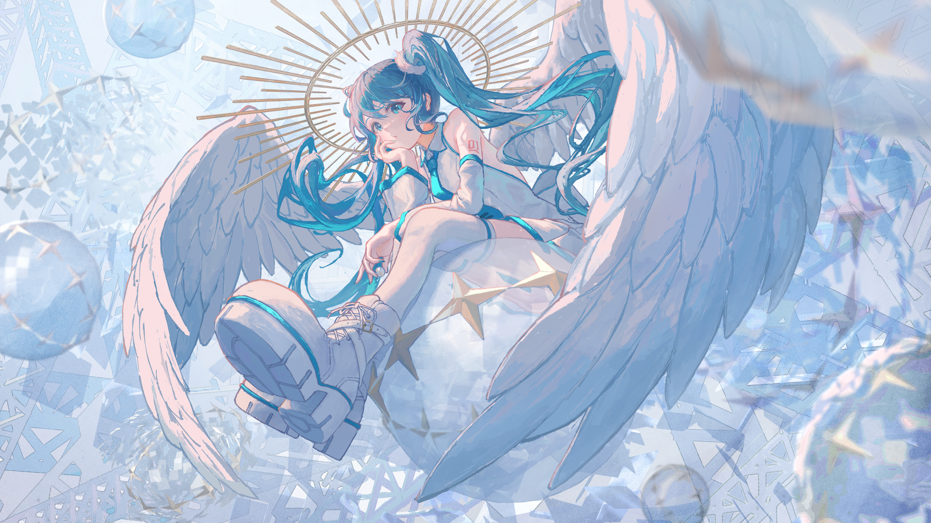 Long Hair Blue Hair Blue Eyes Angels Wings Halo Low Angle Nimbus Twintails Anime Girls Vocaloid Hats 3200x1800